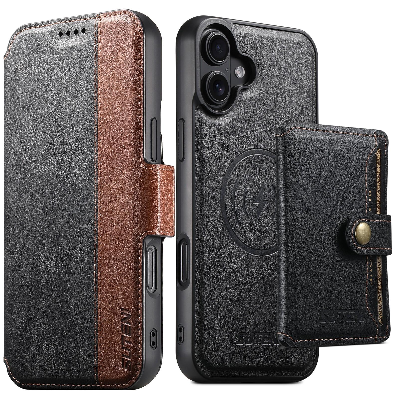 Compatible with iPhone 18 Suteni Q07S1 3-in-1 Detachable Wallet MagSafe Splicing Leather Phone Case - Black
