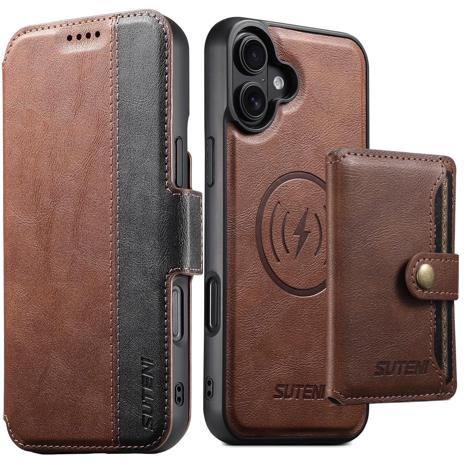 Compatible with iPhone 18 Suteni Q07S1 3-in-1 Detachable Wallet MagSafe Splicing Leather Phone Case - Brown