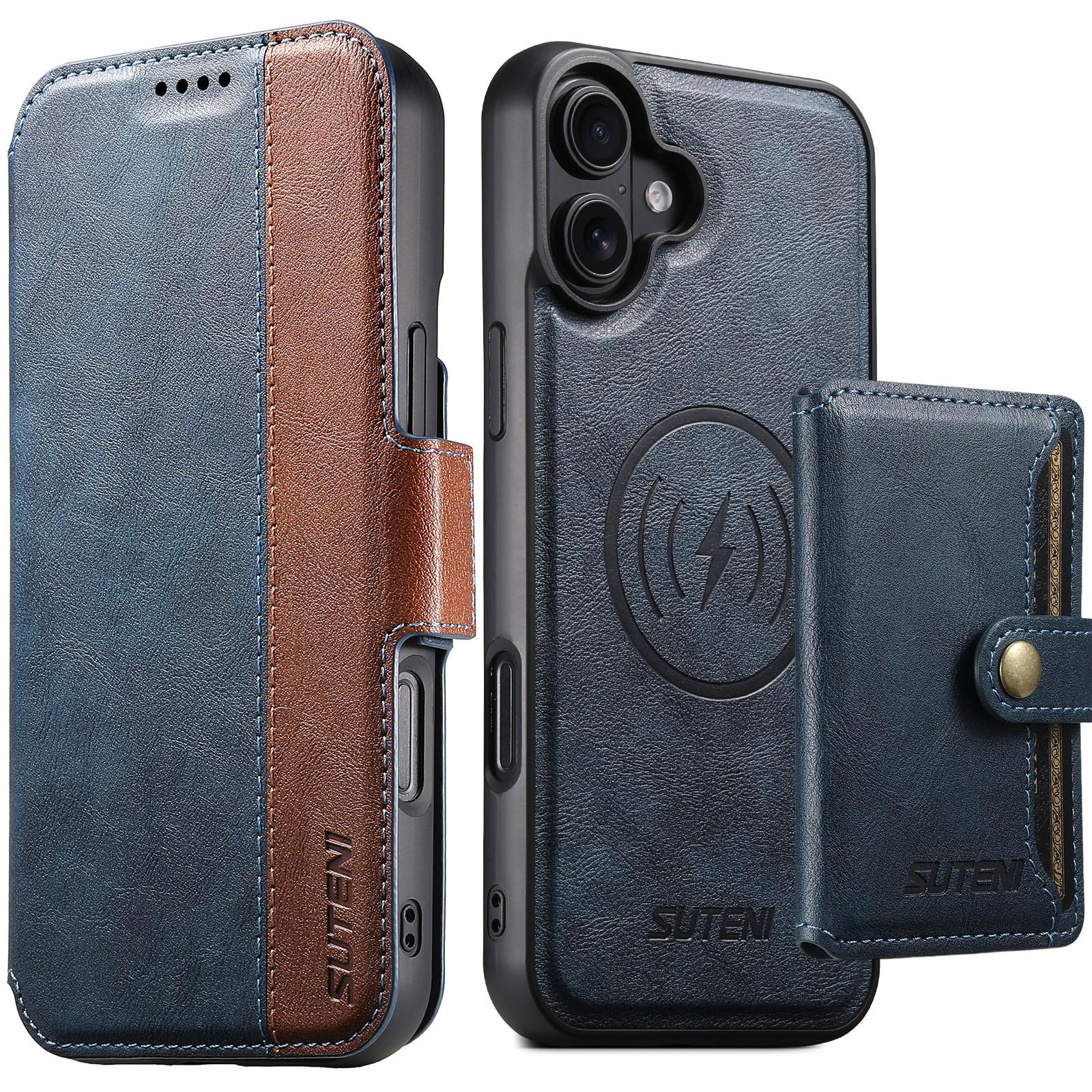 Compatible with iPhone 18 Suteni Q07S1 3-in-1 Detachable Wallet MagSafe Splicing Leather Phone Case - Blue