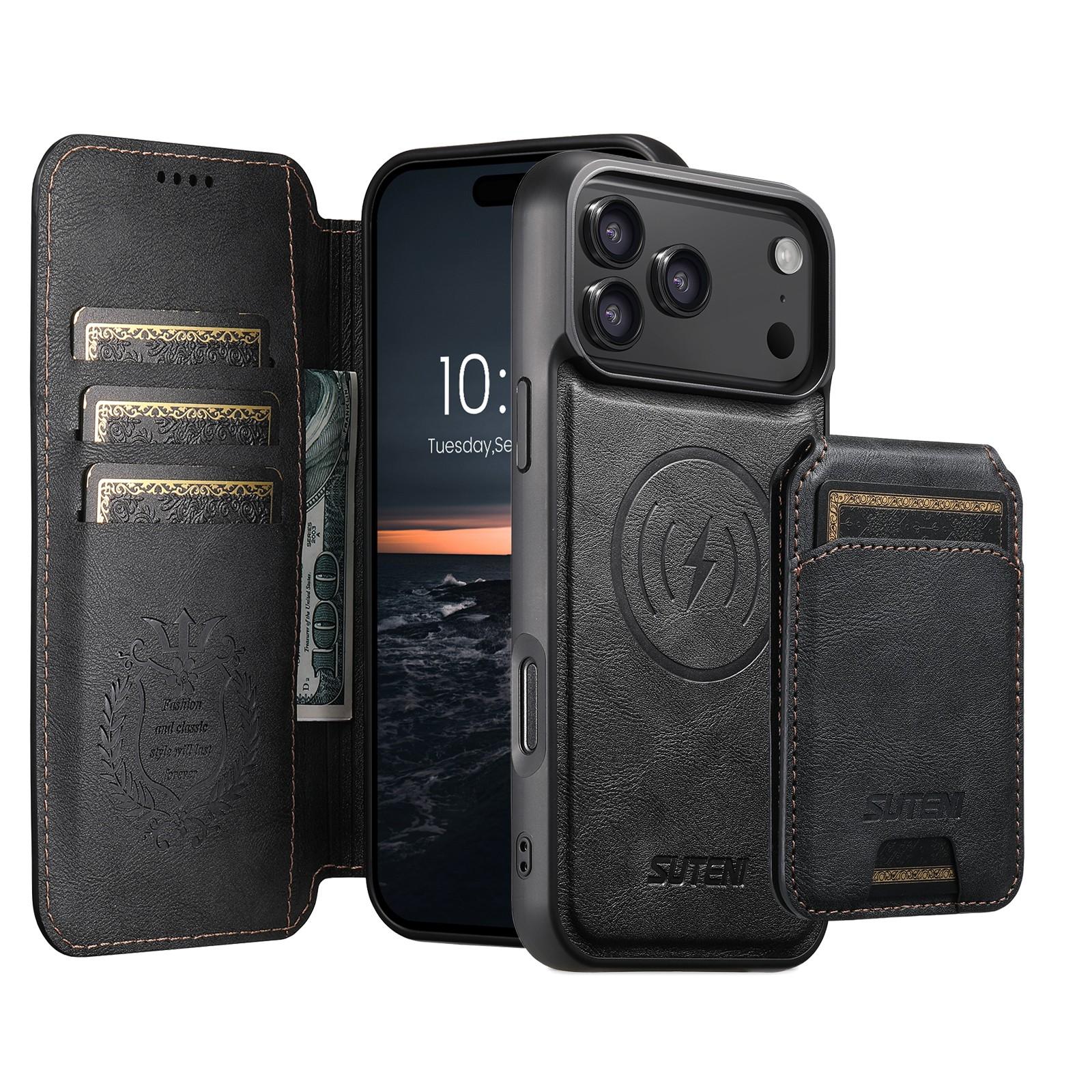 Compatible with iPhone 18 Pro Suteni Q05S2 3-in-1 Detachable Vertical Flip Wallet MagSafe Leather Phone Case - Black