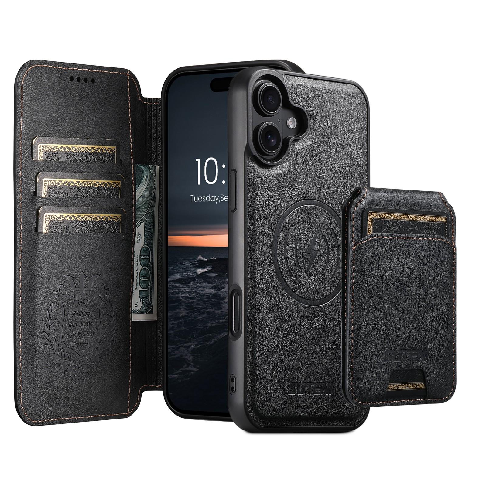 Compatible with iPhone 18 Suteni Q05S2 3-in-1 Detachable Vertical Flip Wallet MagSafe Leather Phone Case - Black
