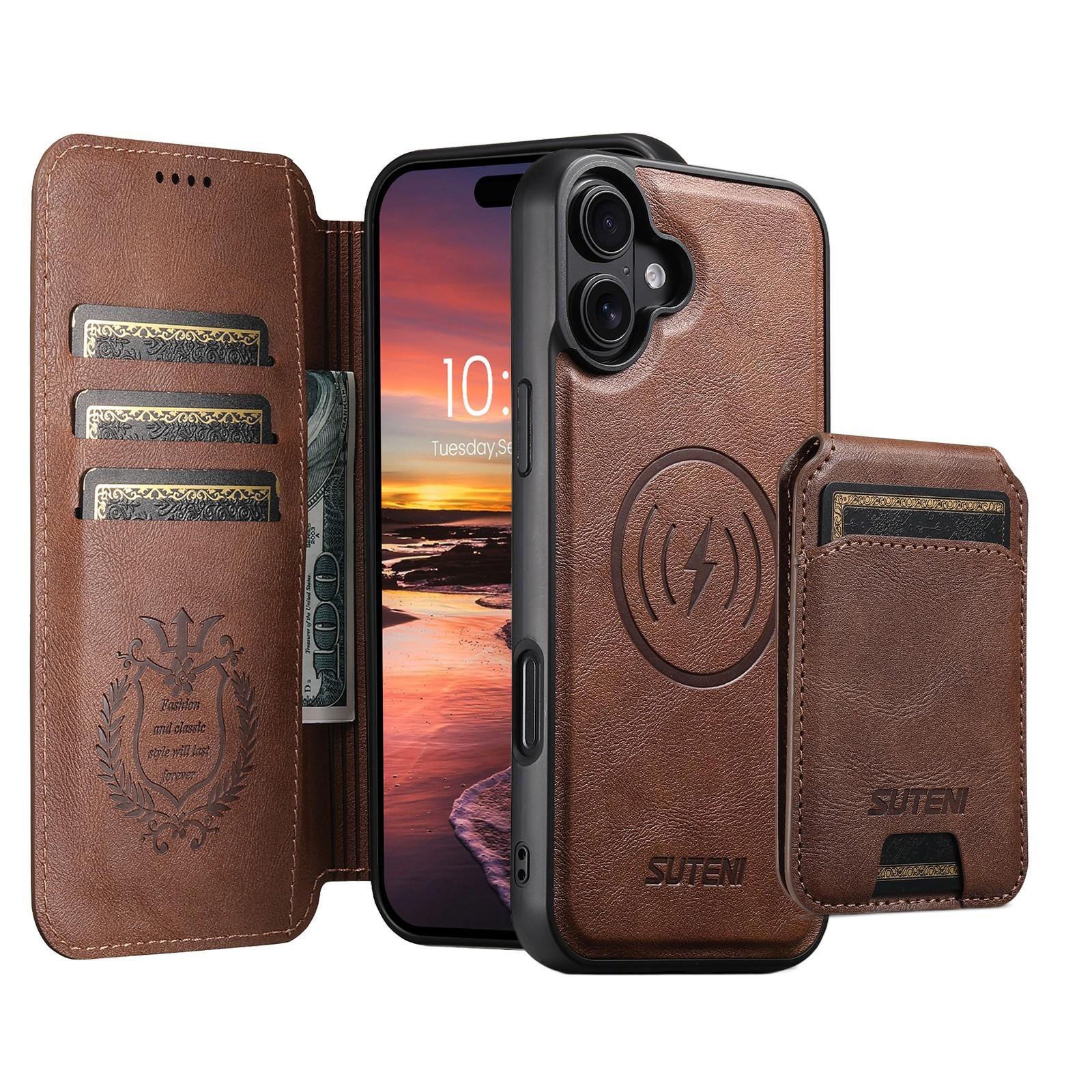 Compatible with iPhone 18 Suteni Q05S2 3-in-1 Detachable Vertical Flip Wallet MagSafe Leather Phone Case - Brown