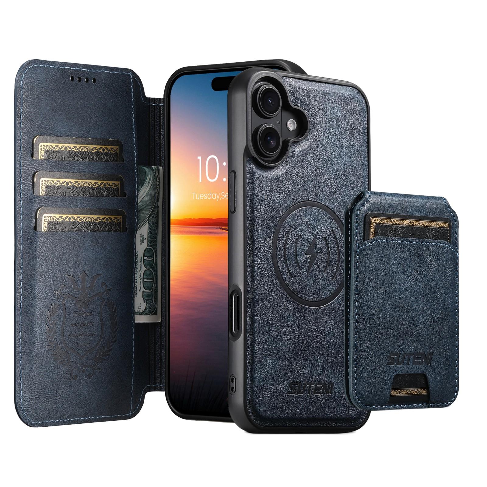 Compatible with iPhone 18 Suteni Q05S2 3-in-1 Detachable Vertical Flip Wallet MagSafe Leather Phone Case - Blue
