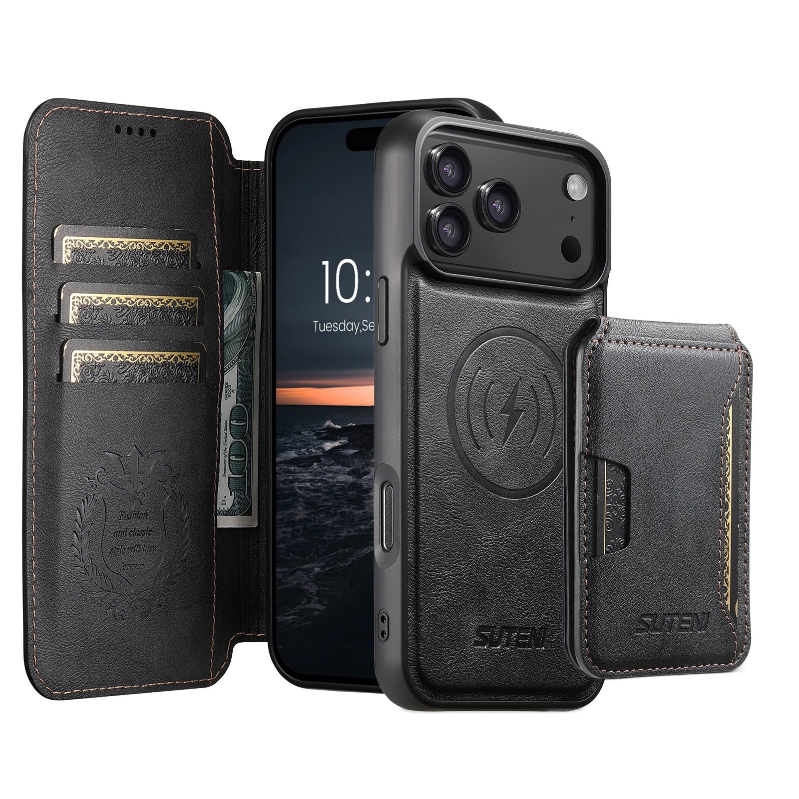 Compatible with iPhone 18 Pro Suteni Q05S3 3-in-1 Detachable Vertical Flip Wallet MagSafe Leather Phone Case - Black