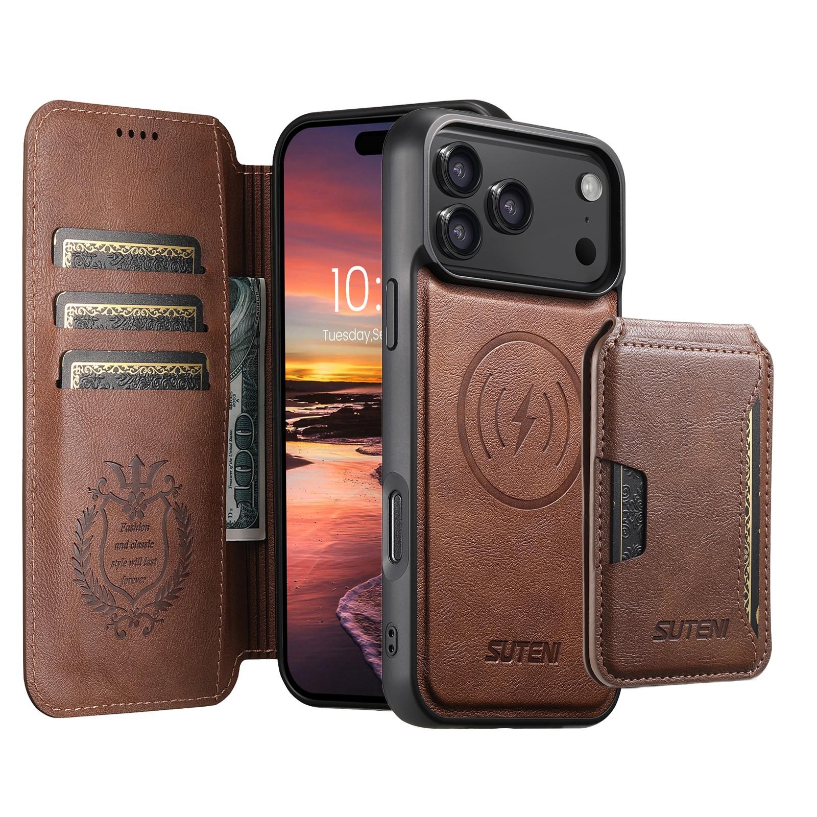 Compatible with iPhone 18 Pro Suteni Q05S3 3-in-1 Detachable Vertical Flip Wallet MagSafe Leather Phone Case - Brown