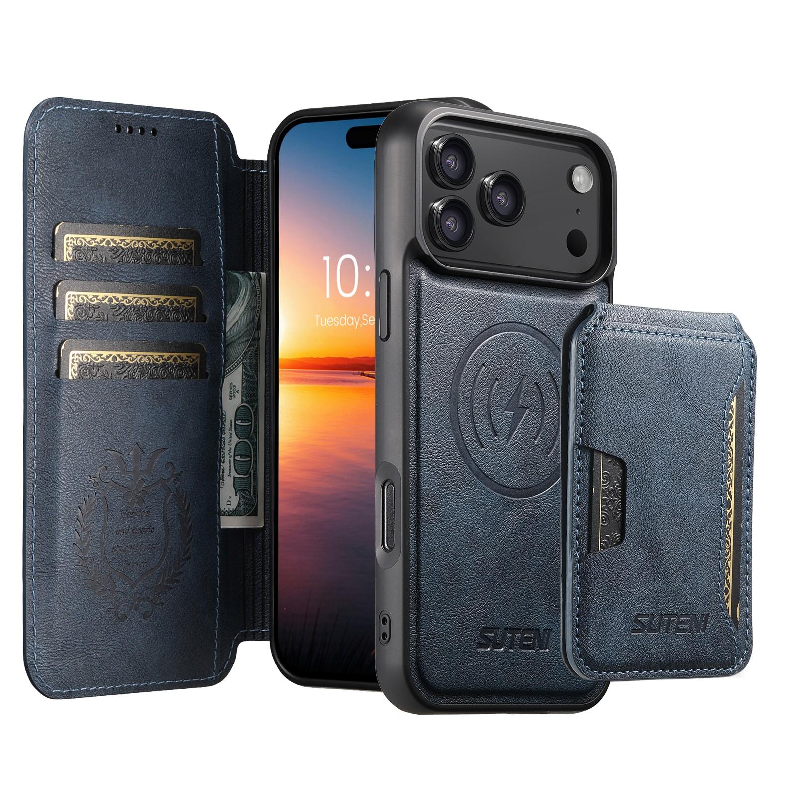 Compatible with iPhone 18 Pro Suteni Q05S3 3-in-1 Detachable Vertical Flip Wallet MagSafe Leather Phone Case - Blue