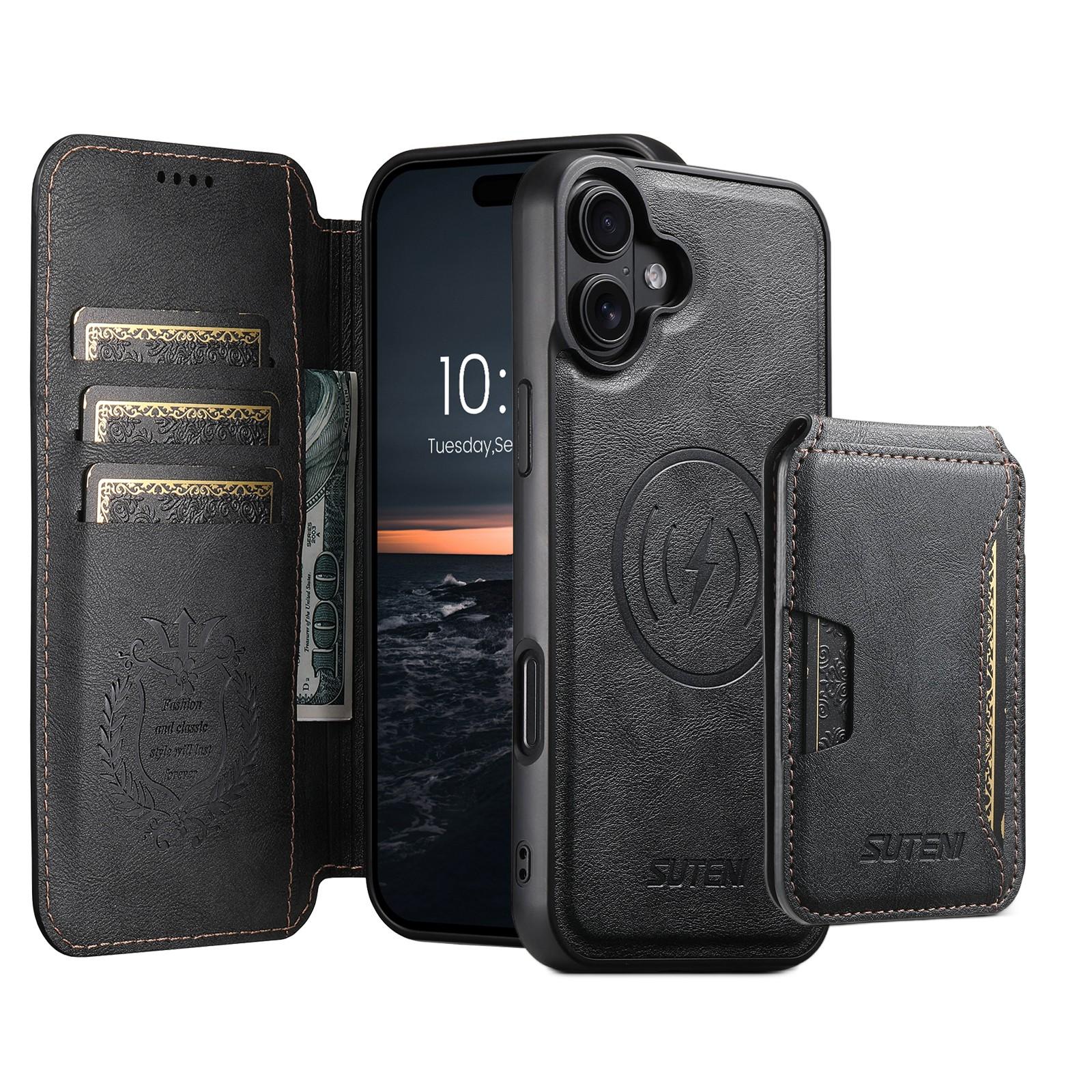 Compatible with iPhone 18 Suteni Q05S3 3-in-1 Detachable Vertical Flip Wallet MagSafe Leather Phone Case - Black