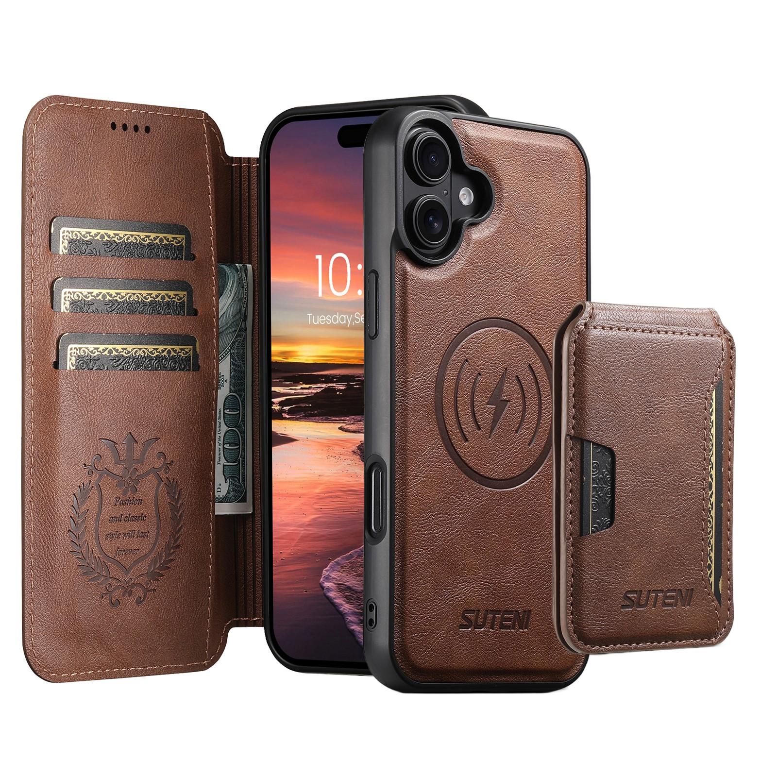 Compatible with iPhone 18 Suteni Q05S3 3-in-1 Detachable Vertical Flip Wallet MagSafe Leather Phone Case - Brown