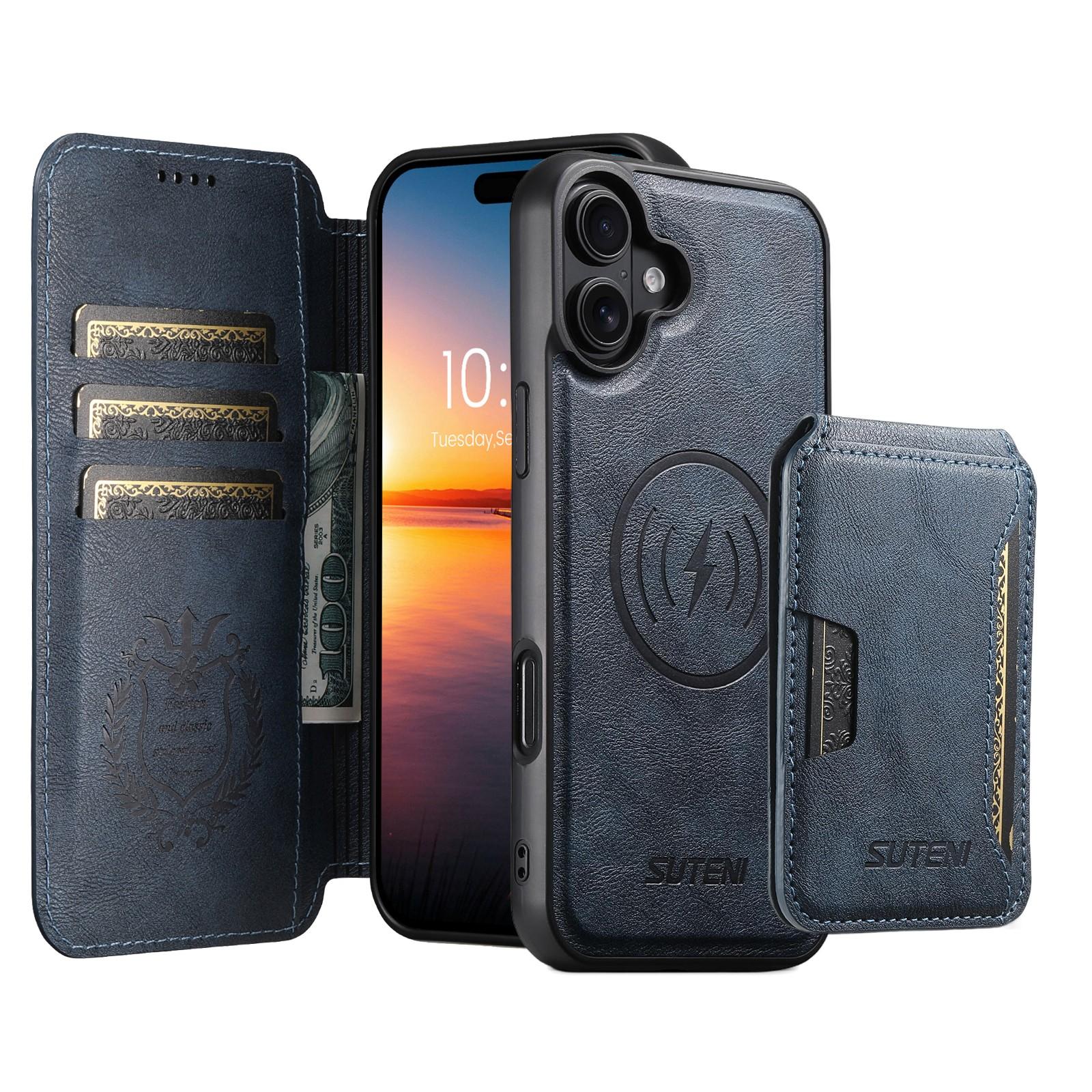 Compatible with iPhone 18 Suteni Q05S3 3-in-1 Detachable Vertical Flip Wallet MagSafe Leather Phone Case - Blue