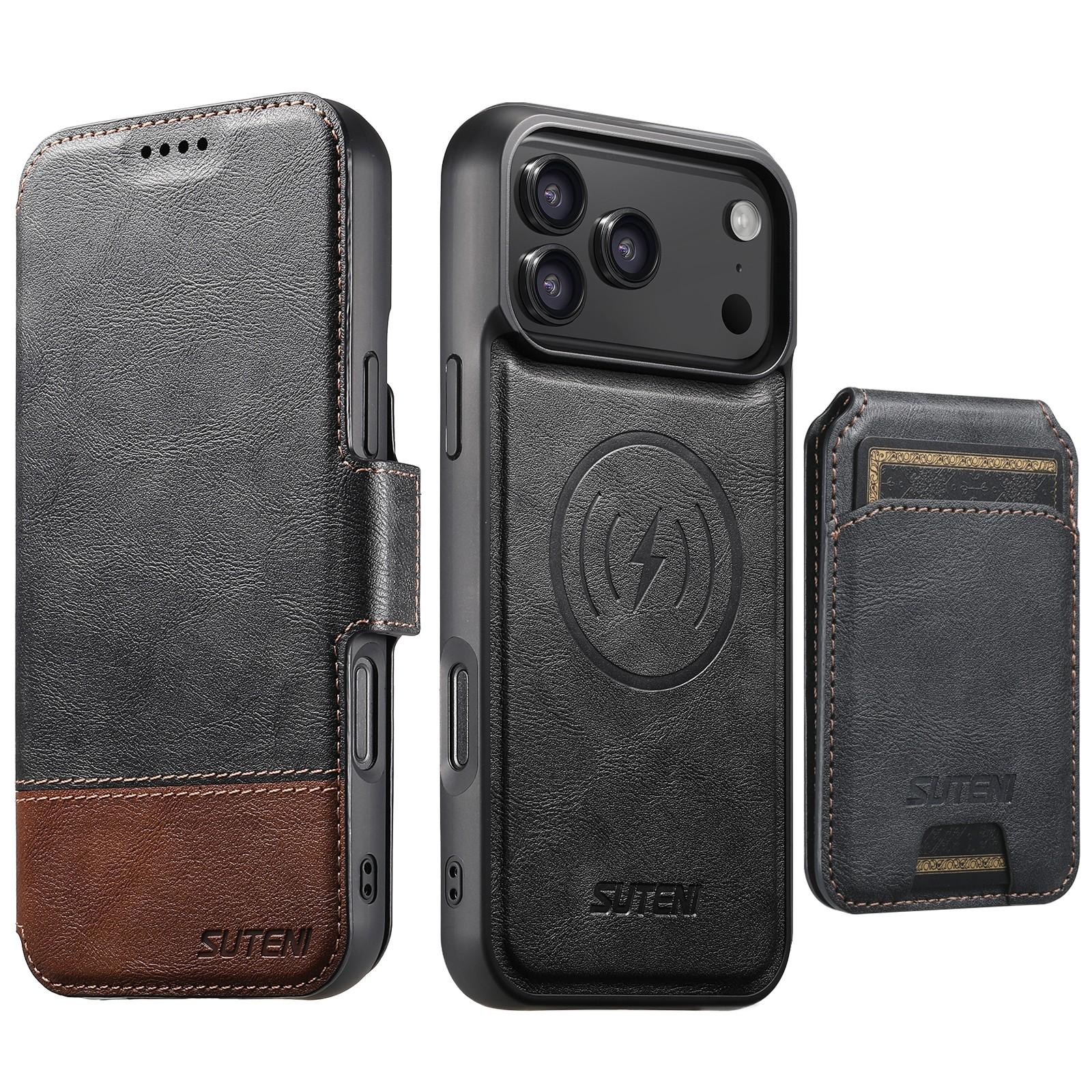 Compatible with iPhone 18 Pro Suteni Q06S2 3-in-1 Detachable Vertical Flip Wallet MagSafe Splicing Leather Phone Case - Black