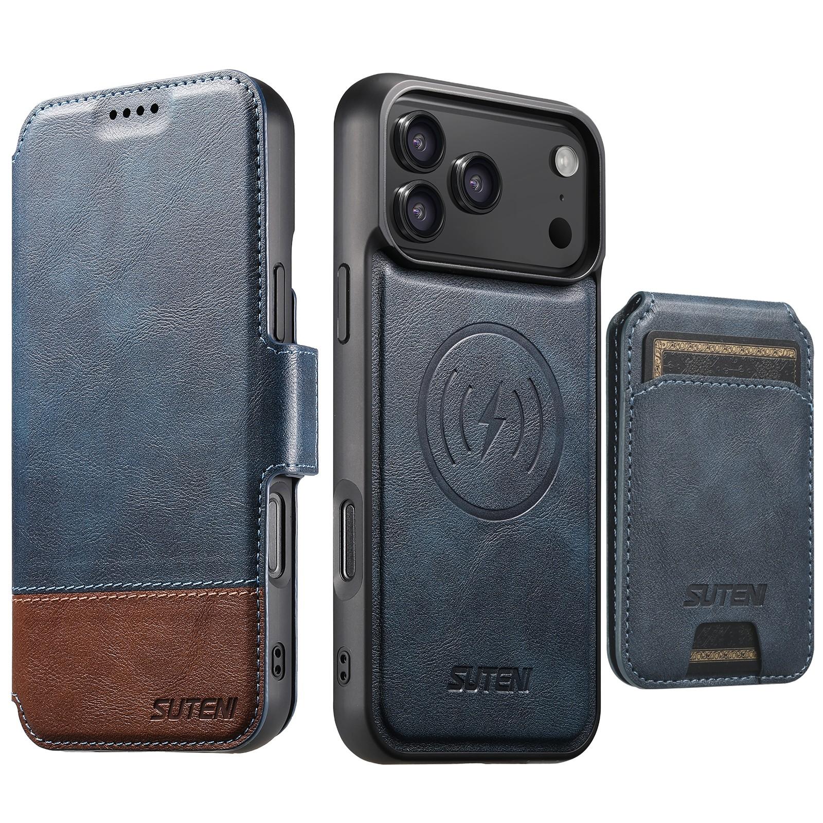 Compatible with iPhone 18 Pro Suteni Q06S2 3-in-1 Detachable Vertical Flip Wallet MagSafe Splicing Leather Phone Case - Blue
