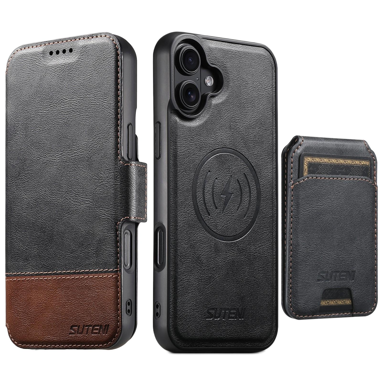 Compatible with iPhone 18 Suteni Q06S2 3-in-1 Detachable Vertical Flip Wallet MagSafe Splicing Leather Phone Case - Black
