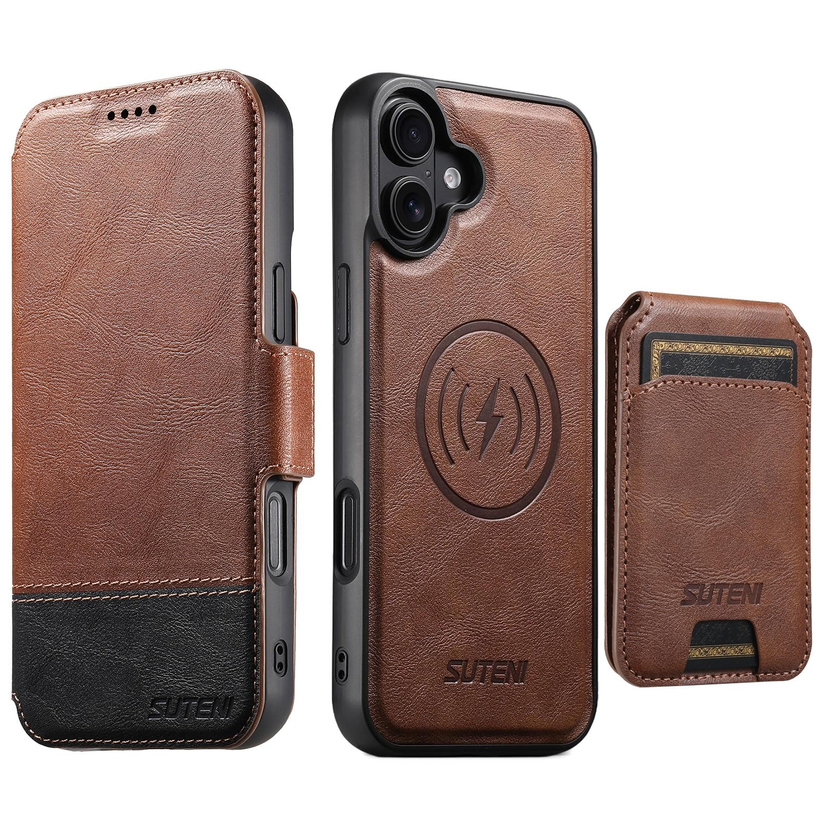 Compatible with iPhone 18 Suteni Q06S2 3-in-1 Detachable Vertical Flip Wallet MagSafe Splicing Leather Phone Case - Brown