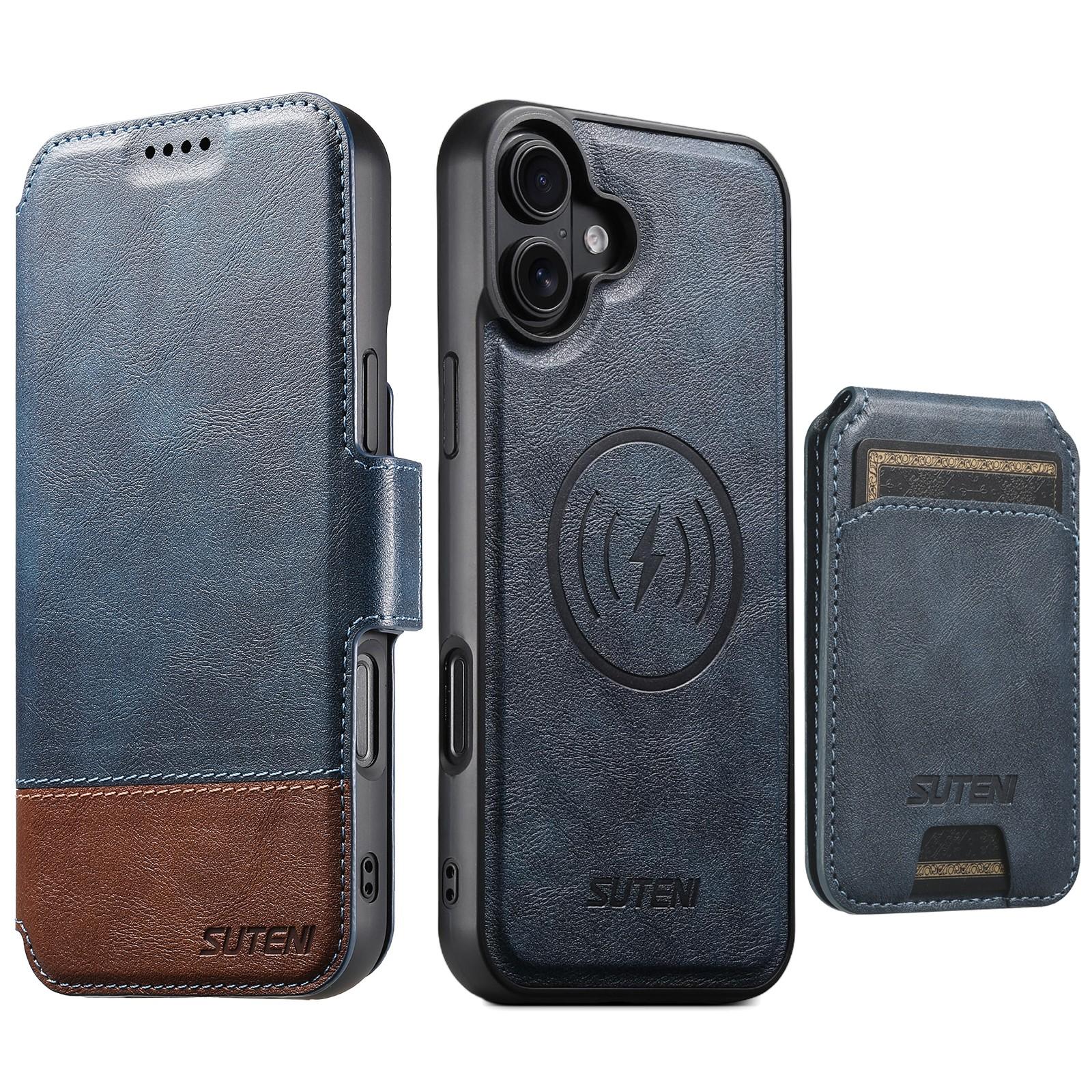 Compatible with iPhone 18 Suteni Q06S2 3-in-1 Detachable Vertical Flip Wallet MagSafe Splicing Leather Phone Case - Blue