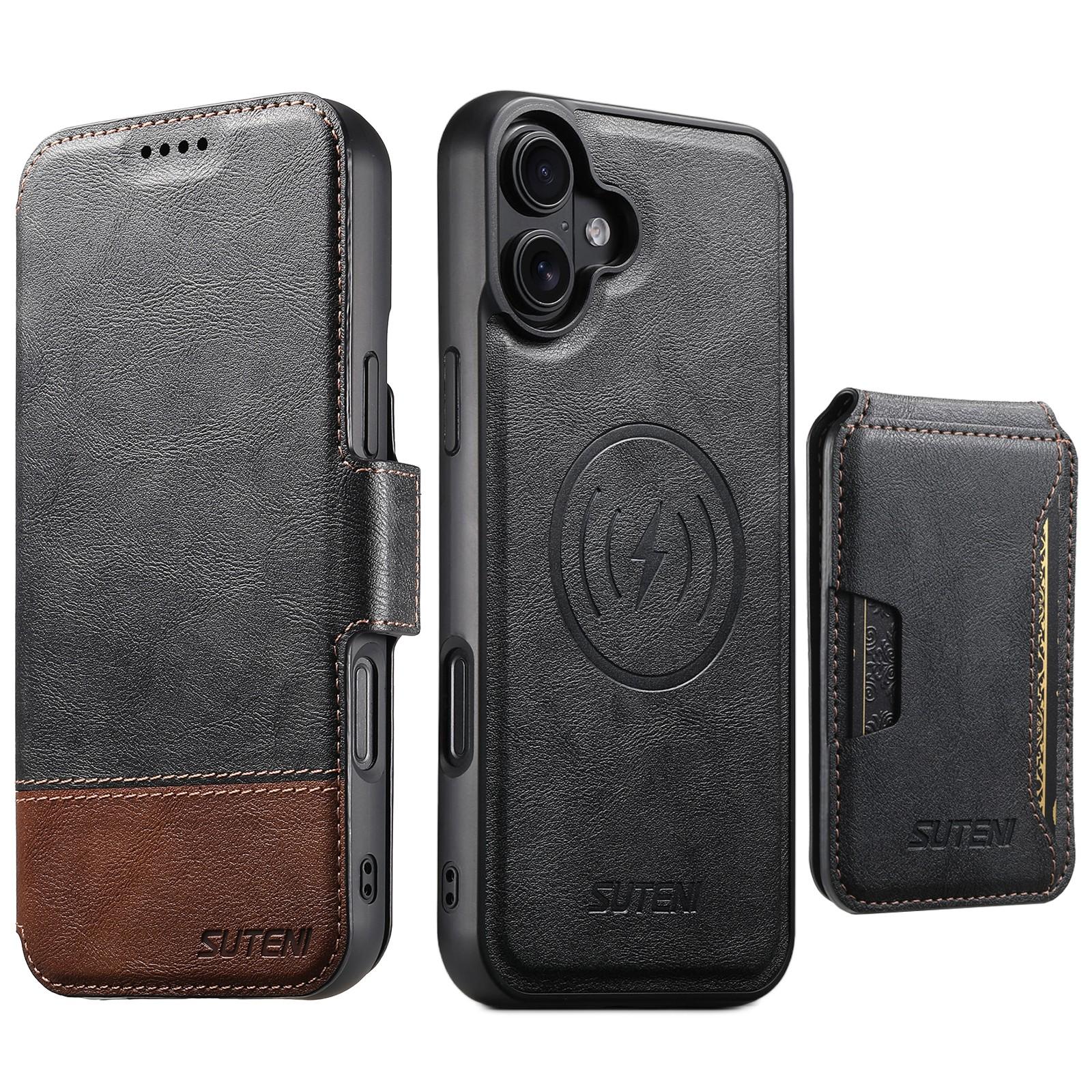 Compatible with iPhone 18 Suteni Q06S3 3-in-1 Splicing Detachable Vertical Flip Wallet MagSafe Leather Phone Case - Black
