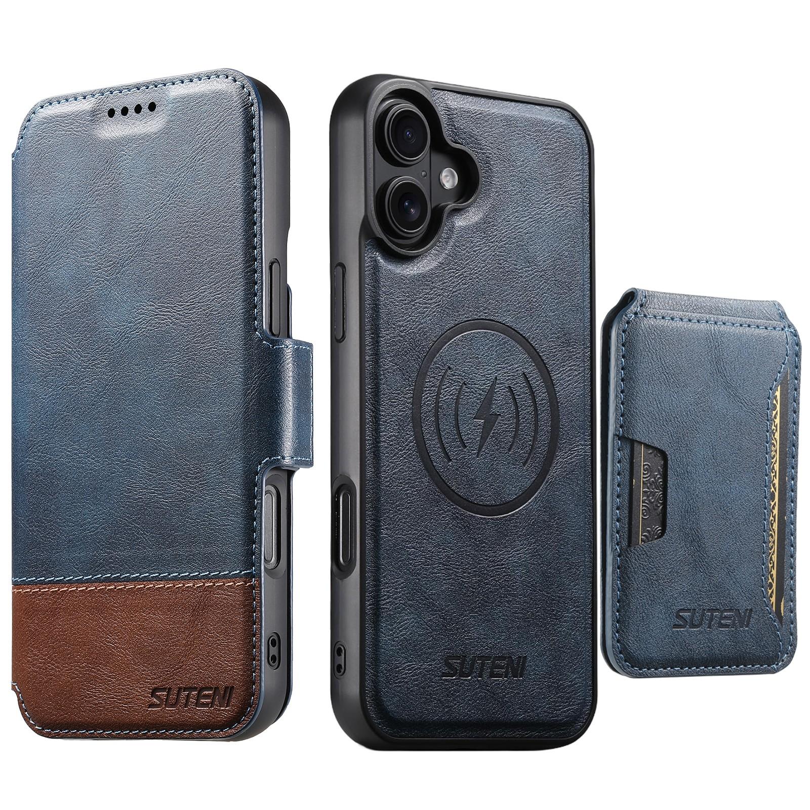 Compatible with iPhone 18 Suteni Q06S3 3-in-1 Splicing Detachable Vertical Flip Wallet MagSafe Leather Phone Case - Blue