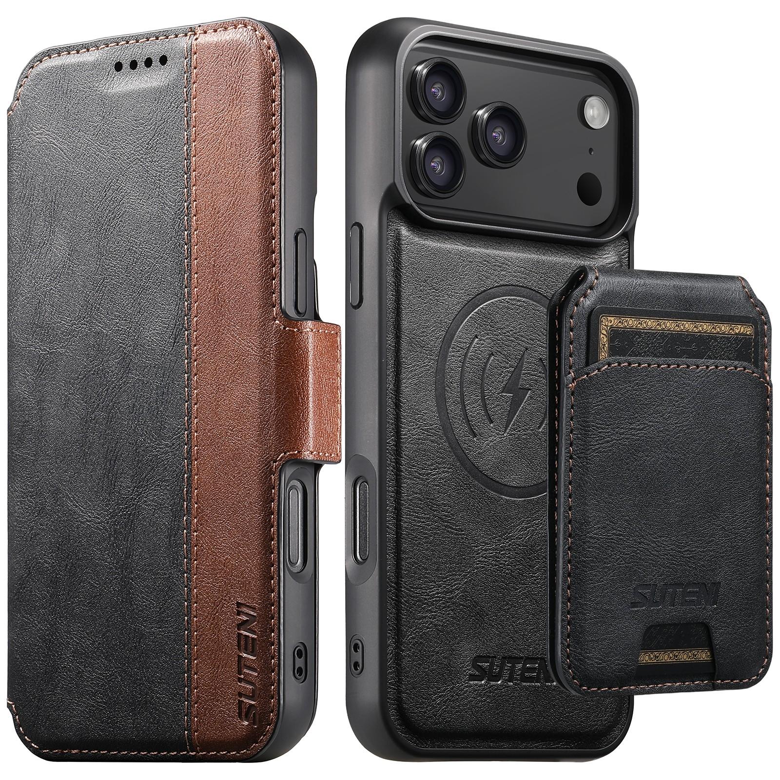 Compatible with iPhone 18 Pro Suteni Q07S2 3-in-1 Detachable Vertical Flip Wallet MagSafe Splicing Leather Phone Case - Black