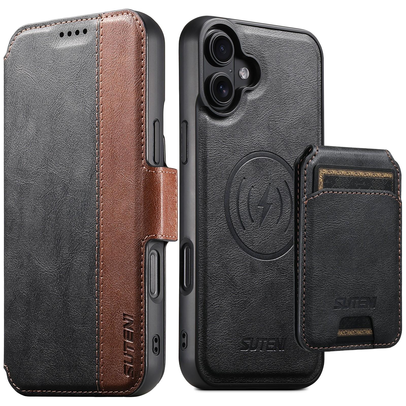Compatible with iPhone 18 Suteni Q07S2 3-in-1 Detachable Vertical Flip Wallet MagSafe Splicing Leather Phone Case - Black