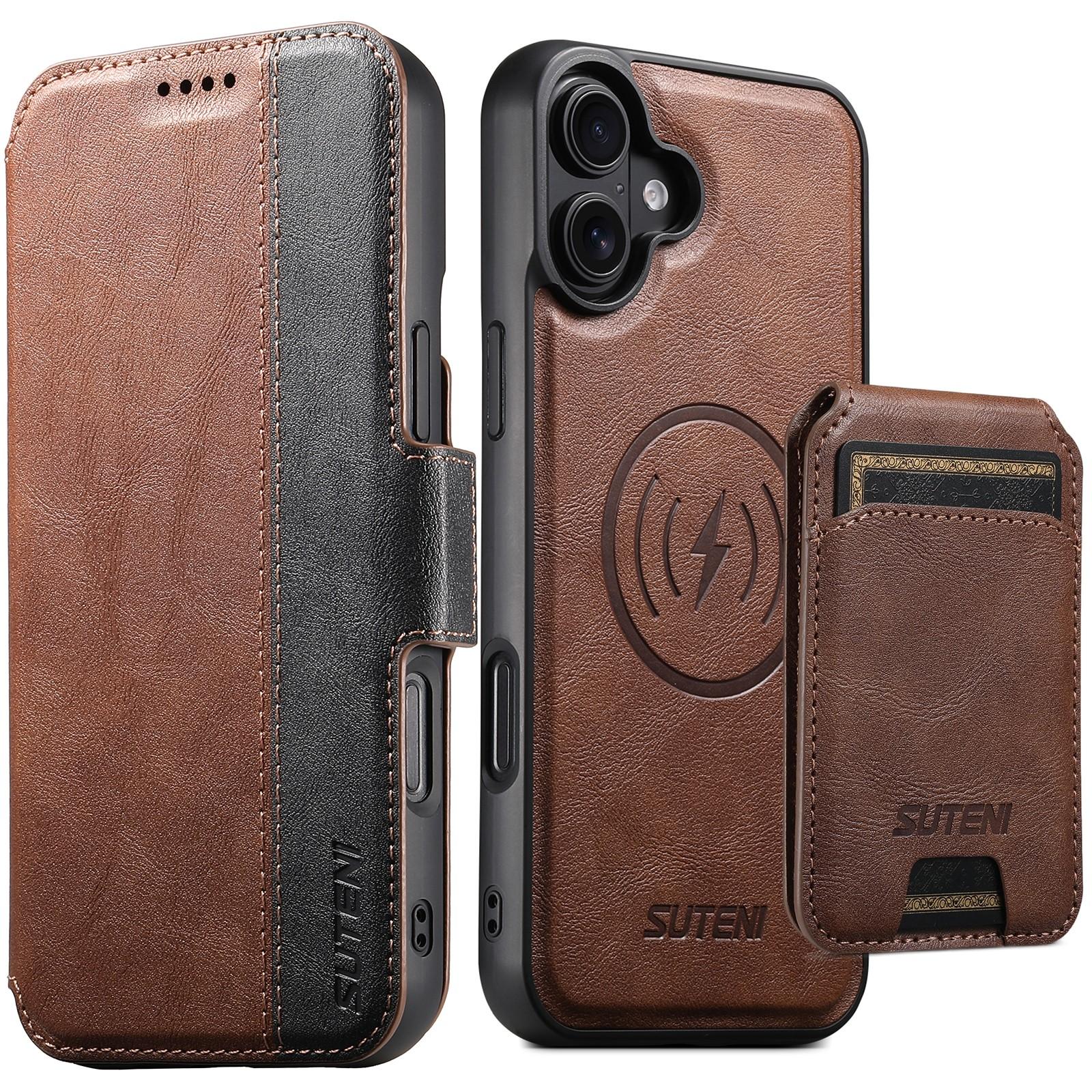 Compatible with iPhone 18 Suteni Q07S2 3-in-1 Detachable Vertical Flip Wallet MagSafe Splicing Leather Phone Case - Brown