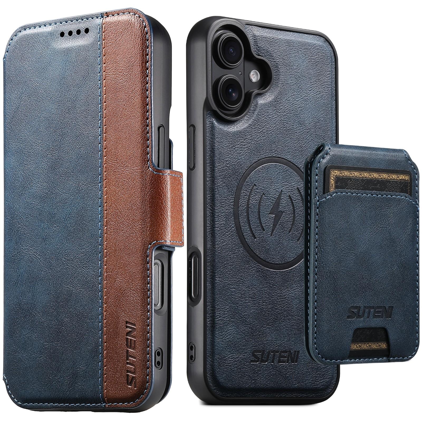Compatible with iPhone 18 Suteni Q07S2 3-in-1 Detachable Vertical Flip Wallet MagSafe Splicing Leather Phone Case - Blue