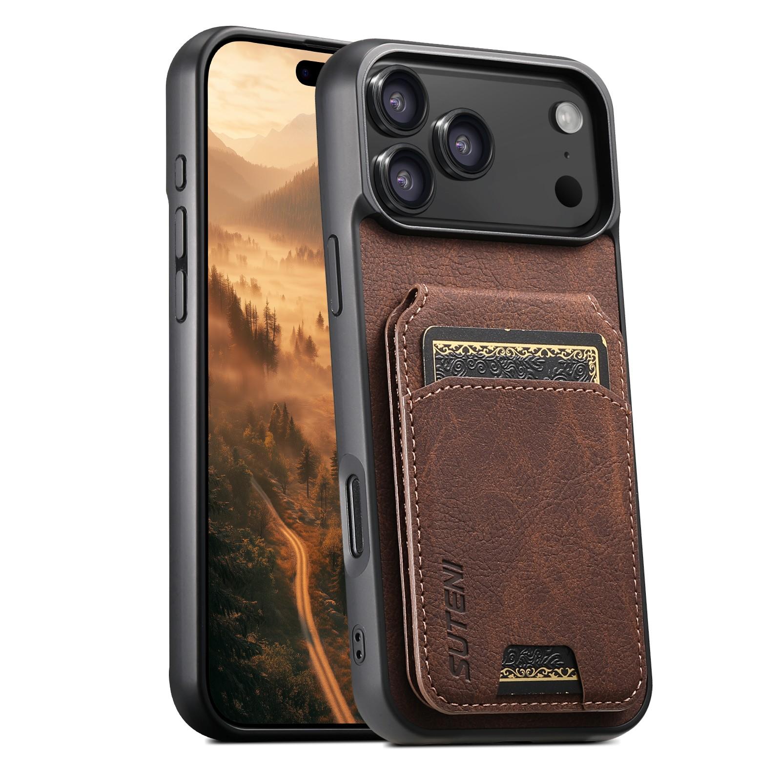 Compatible with iPhone 18 Pro Suteni H02 Litchi Leather Card Wallet Stand Back Phone Case - Brown