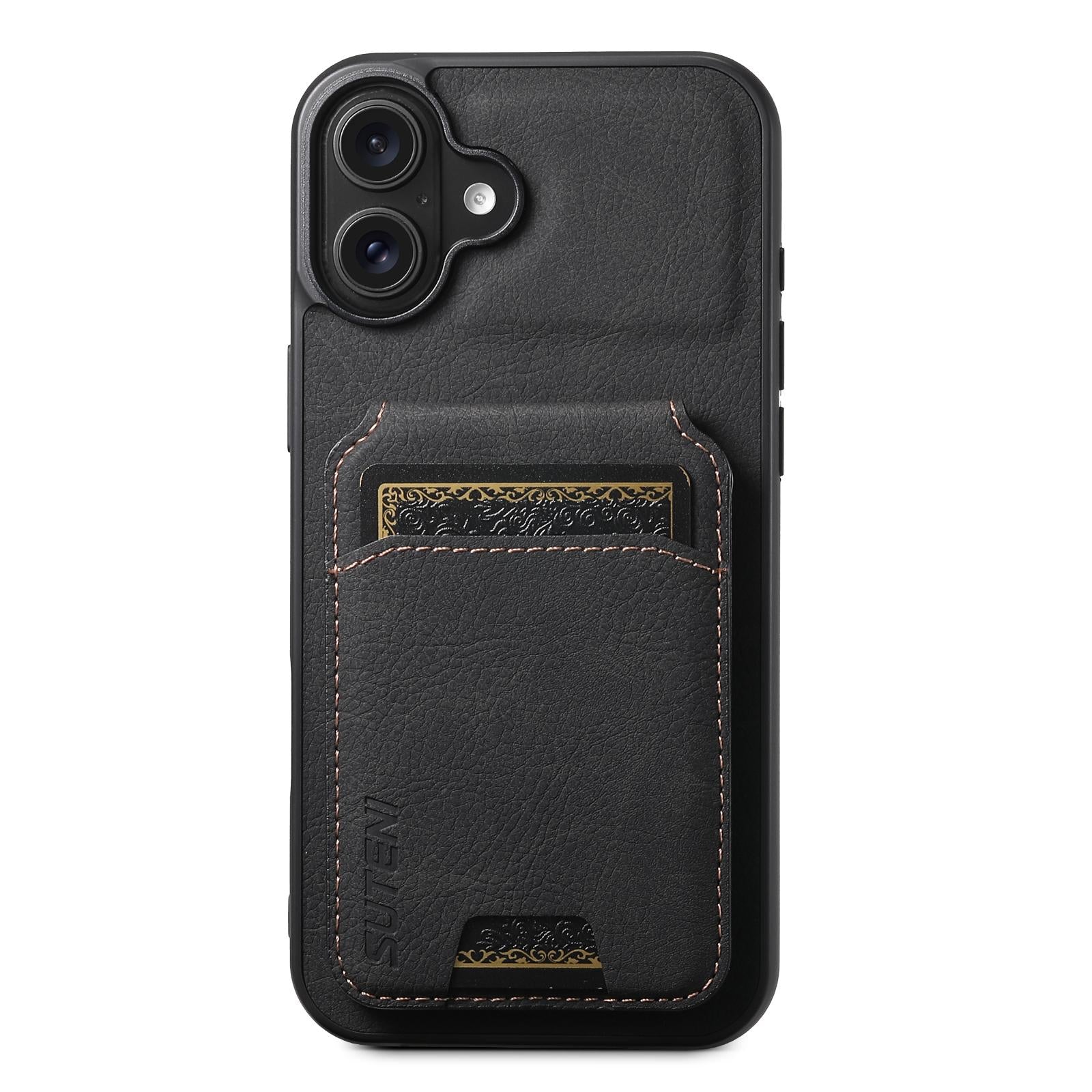 Compatible with iPhone 18 Suteni H02 Litchi Leather Card Wallet Stand Back Phone Case - Black