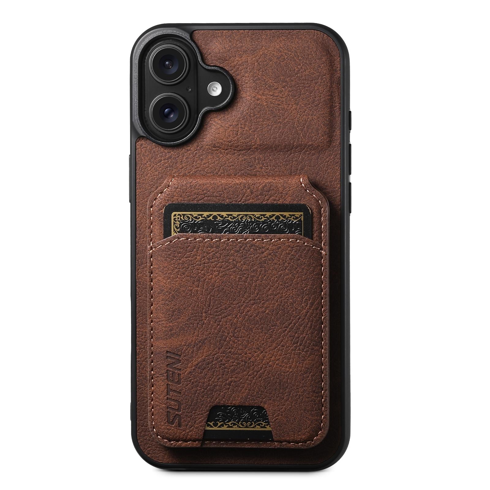 Compatible with iPhone 18 Suteni H02 Litchi Leather Card Wallet Stand Back Phone Case - Brown