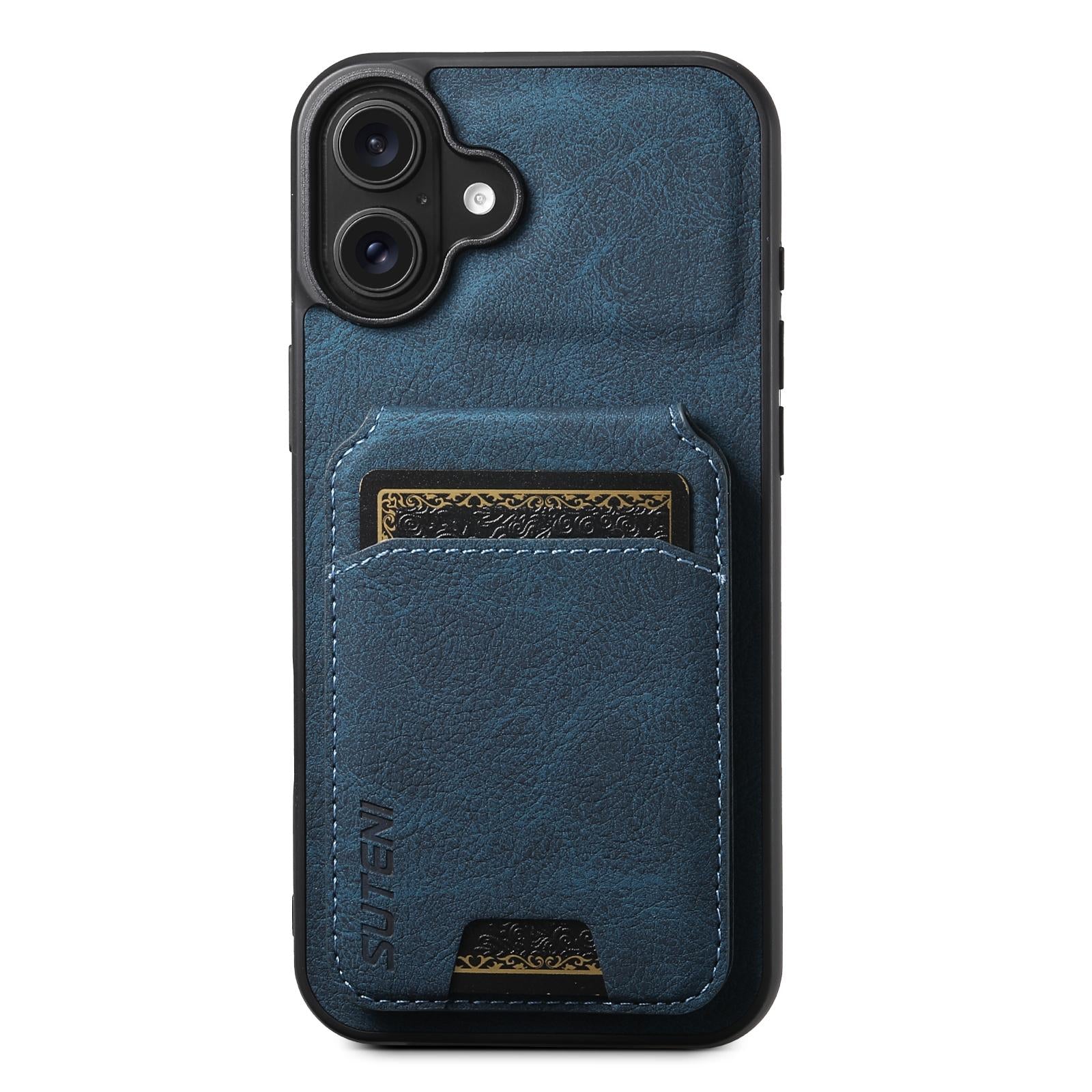 Compatible with iPhone 18 Suteni H02 Litchi Leather Card Wallet Stand Back Phone Case - Blue