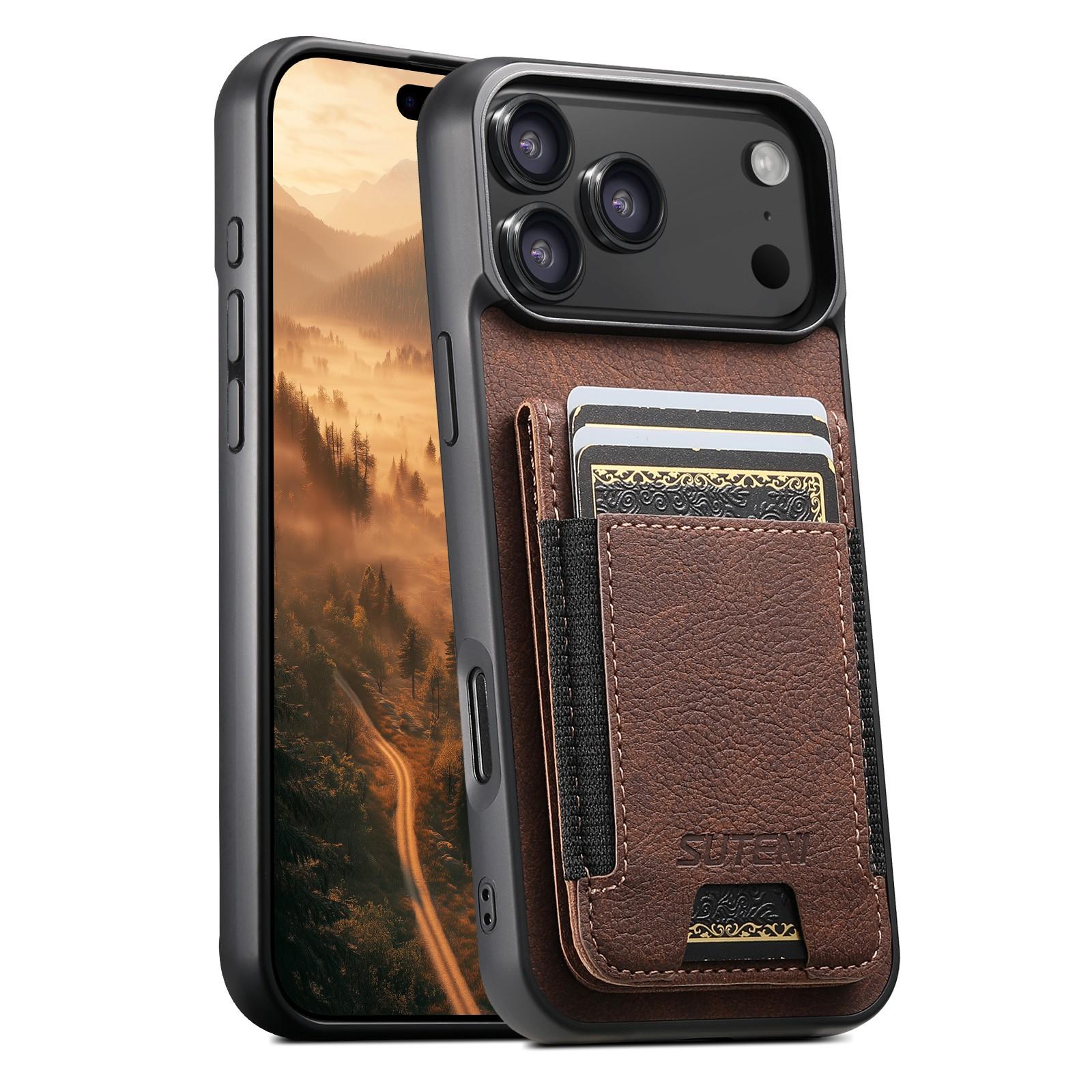 Compatible with iPhone 18 Pro Suteni H03 Litchi Leather Card Bag Stand Back Phone Case - Brown