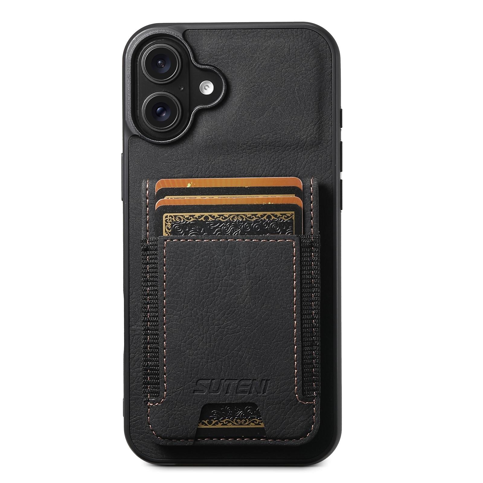 Compatible with iPhone 18 Suteni H03 Litchi Leather Card Bag Stand Back Phone Case - Black