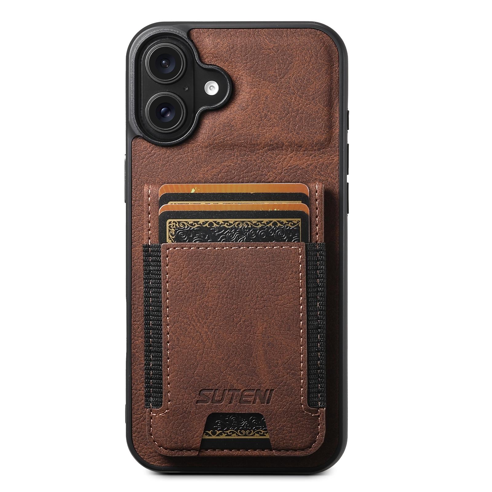 Compatible with iPhone 18 Suteni H03 Litchi Leather Card Bag Stand Back Phone Case - Brown