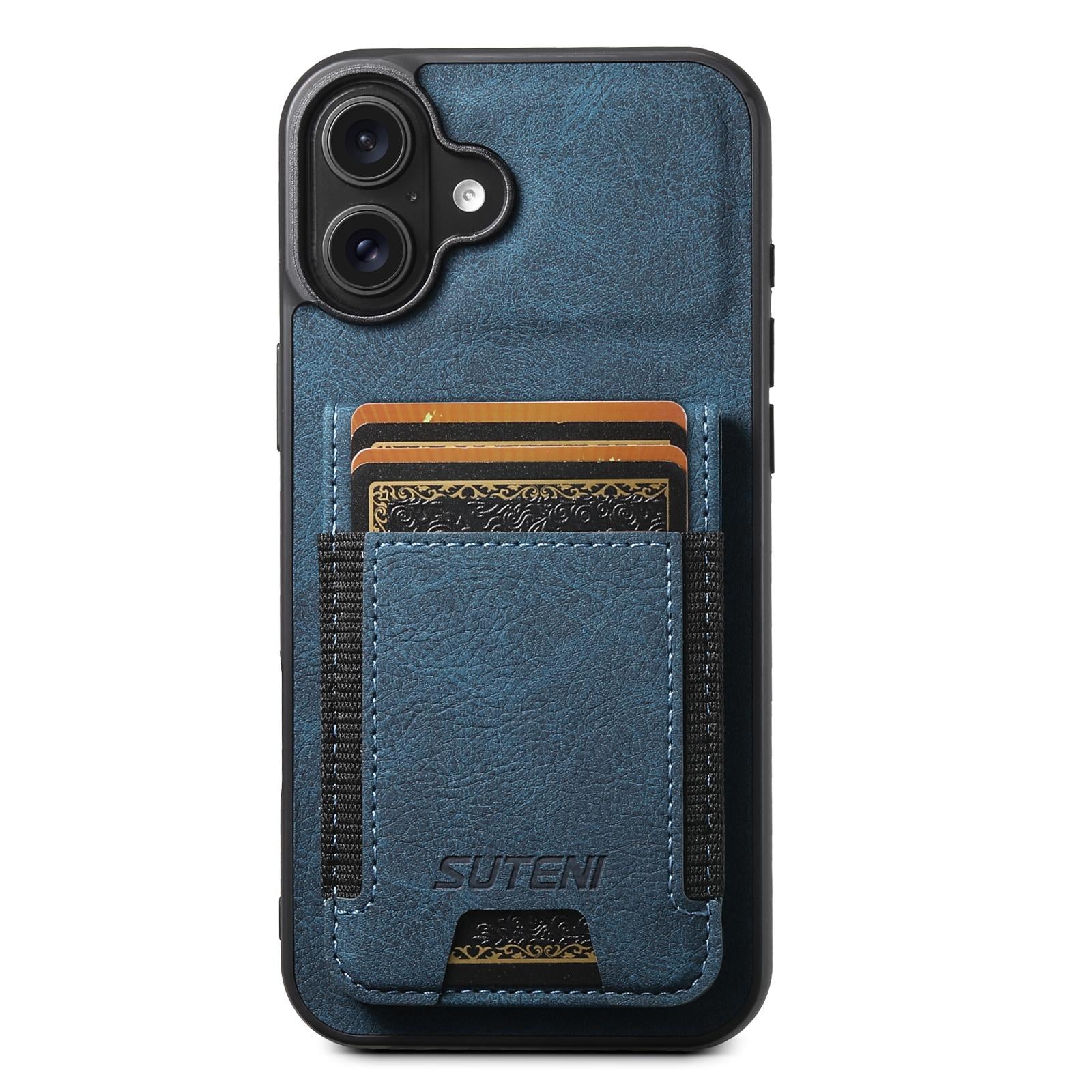 Compatible with iPhone 18 Suteni H03 Litchi Leather Card Bag Stand Back Phone Case - Blue