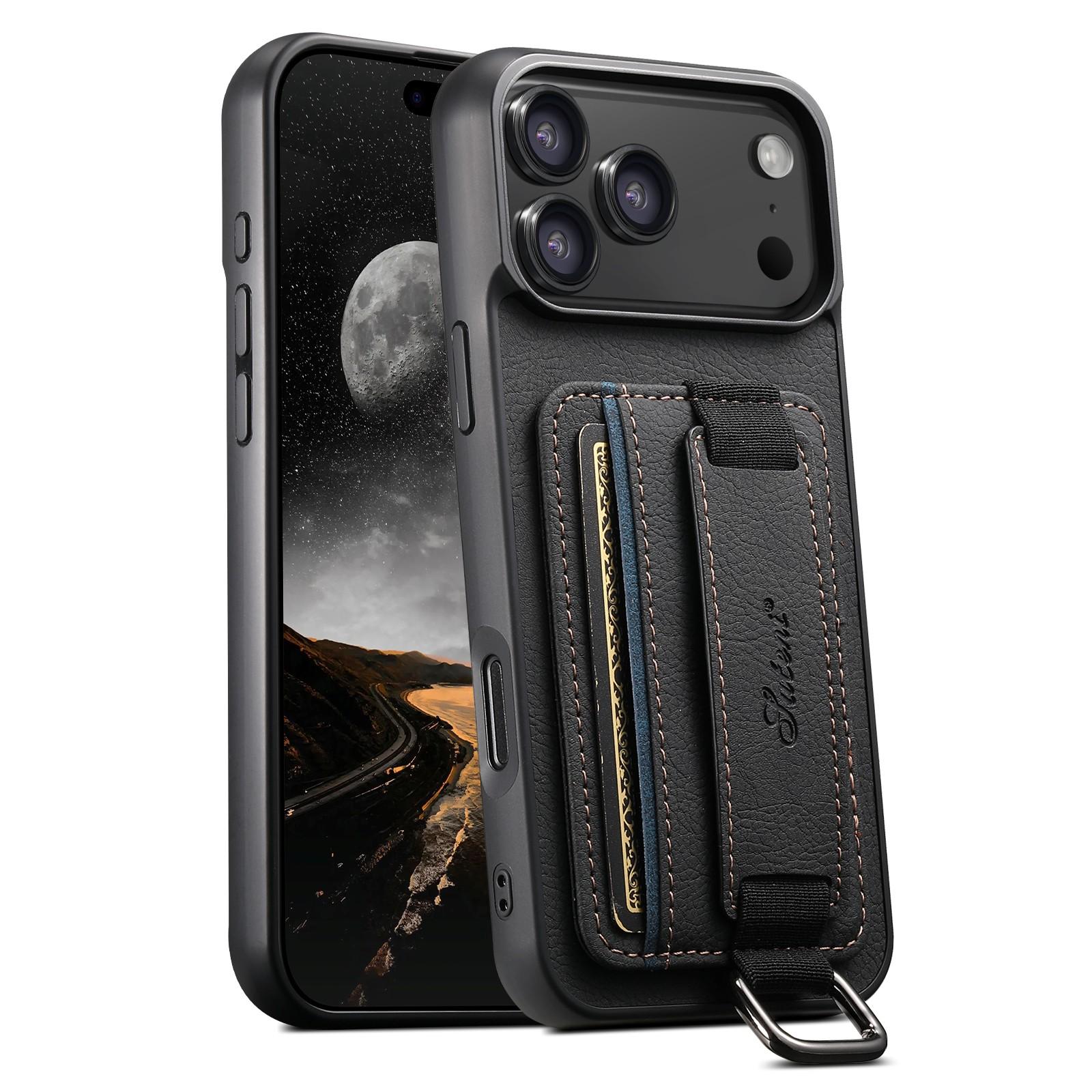 Compatible with iPhone 18 Pro Suteni H13 Litchi Leather Wrist Strap Wallet Back Phone Case - Black