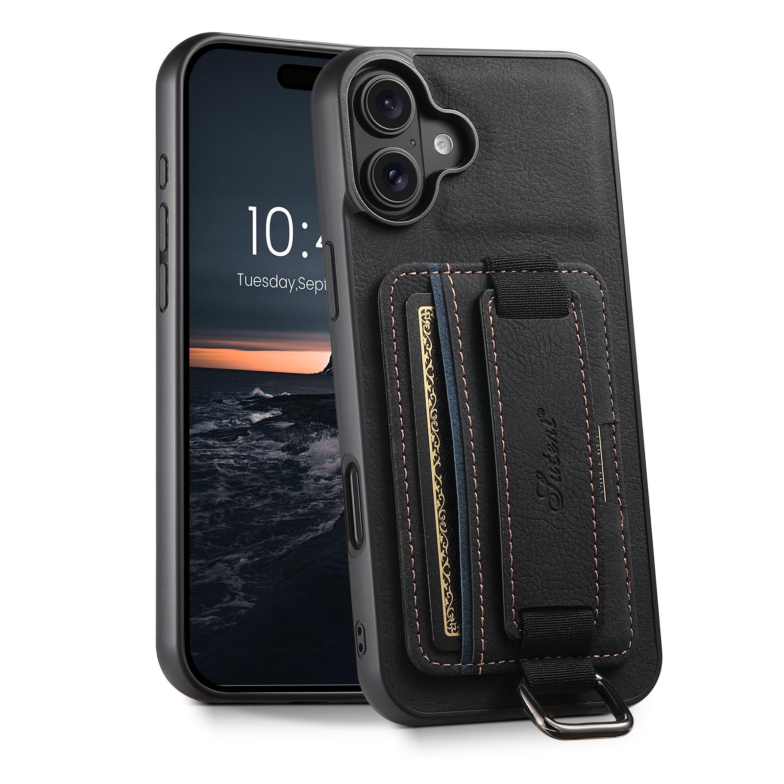 Compatible with iPhone 18 Suteni H13 Litchi Leather Wrist Strap Wallet Back Phone Case - Black