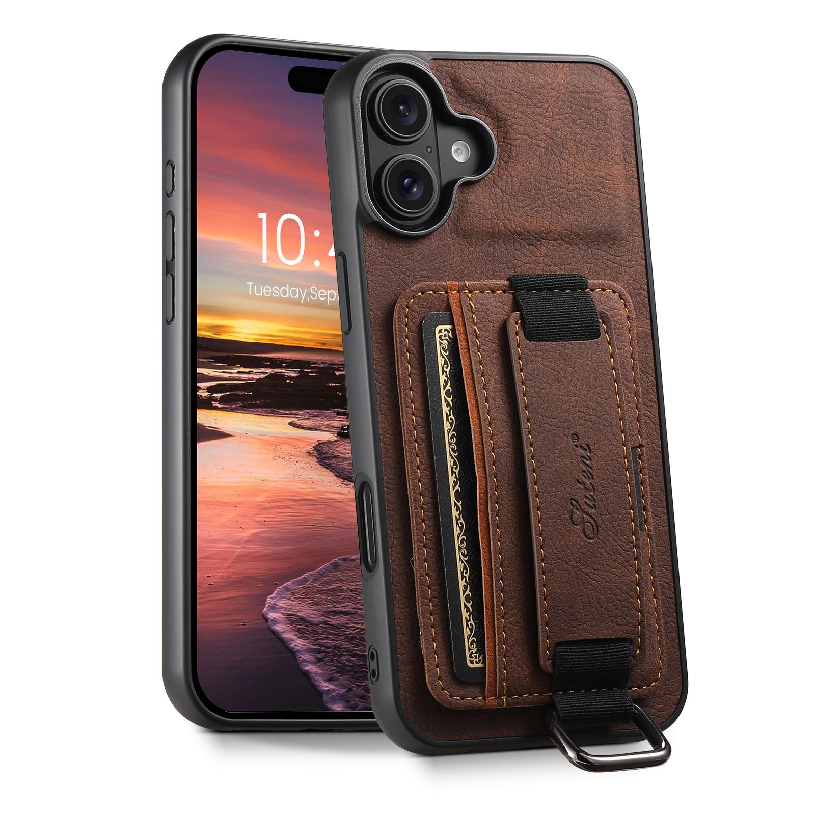 Compatible with iPhone 18 Suteni H13 Litchi Leather Wrist Strap Wallet Back Phone Case - Brown