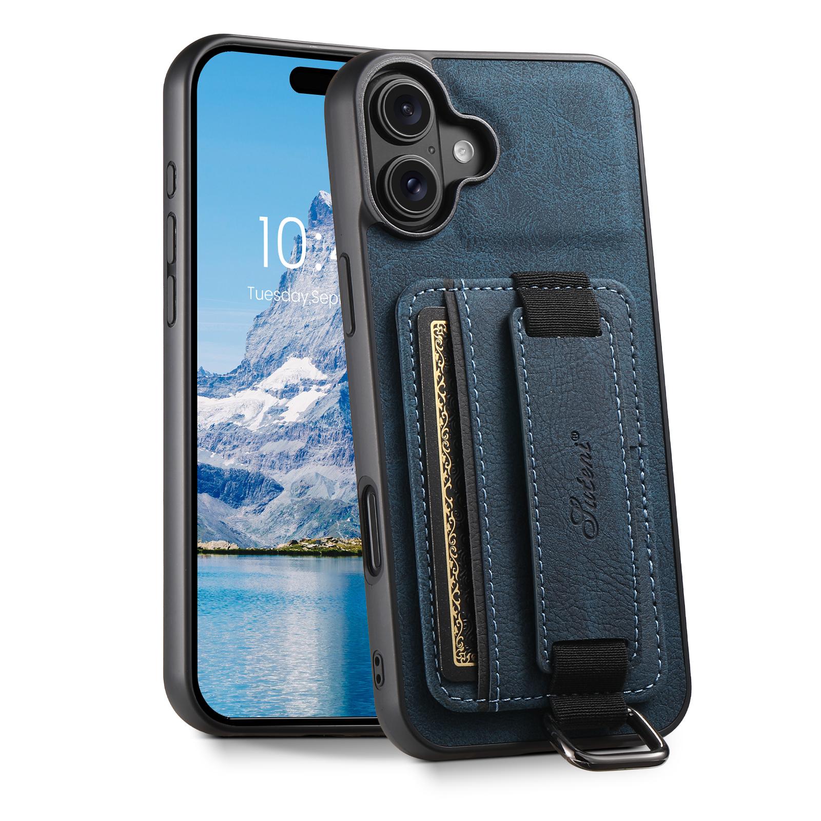 Compatible with iPhone 18 Suteni H13 Litchi Leather Wrist Strap Wallet Back Phone Case - Blue