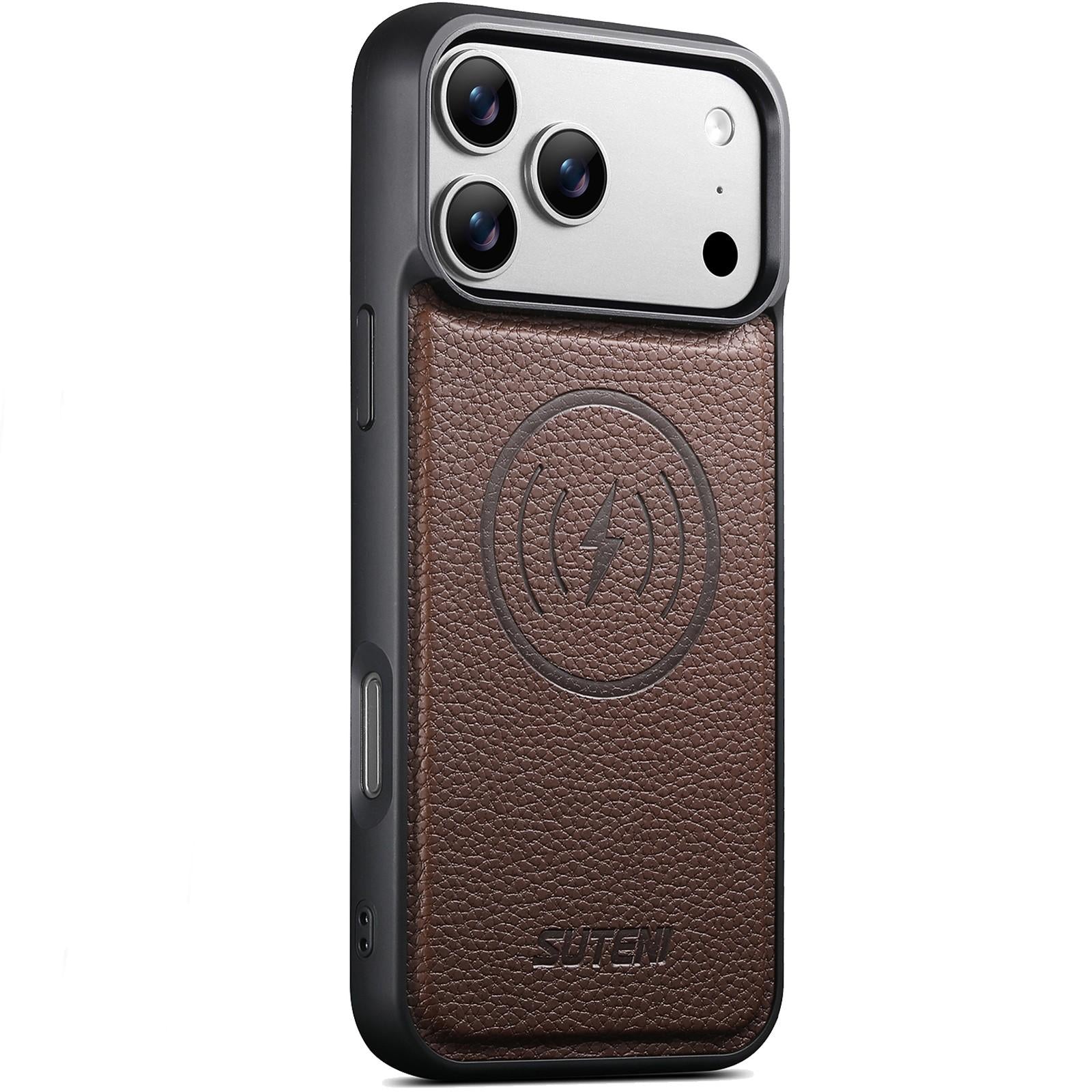 Compatible with iPhone 18 Pro Suteni G5 Large Litchi Texture Vegan Leather Magnetic Back Phone Case - Brown