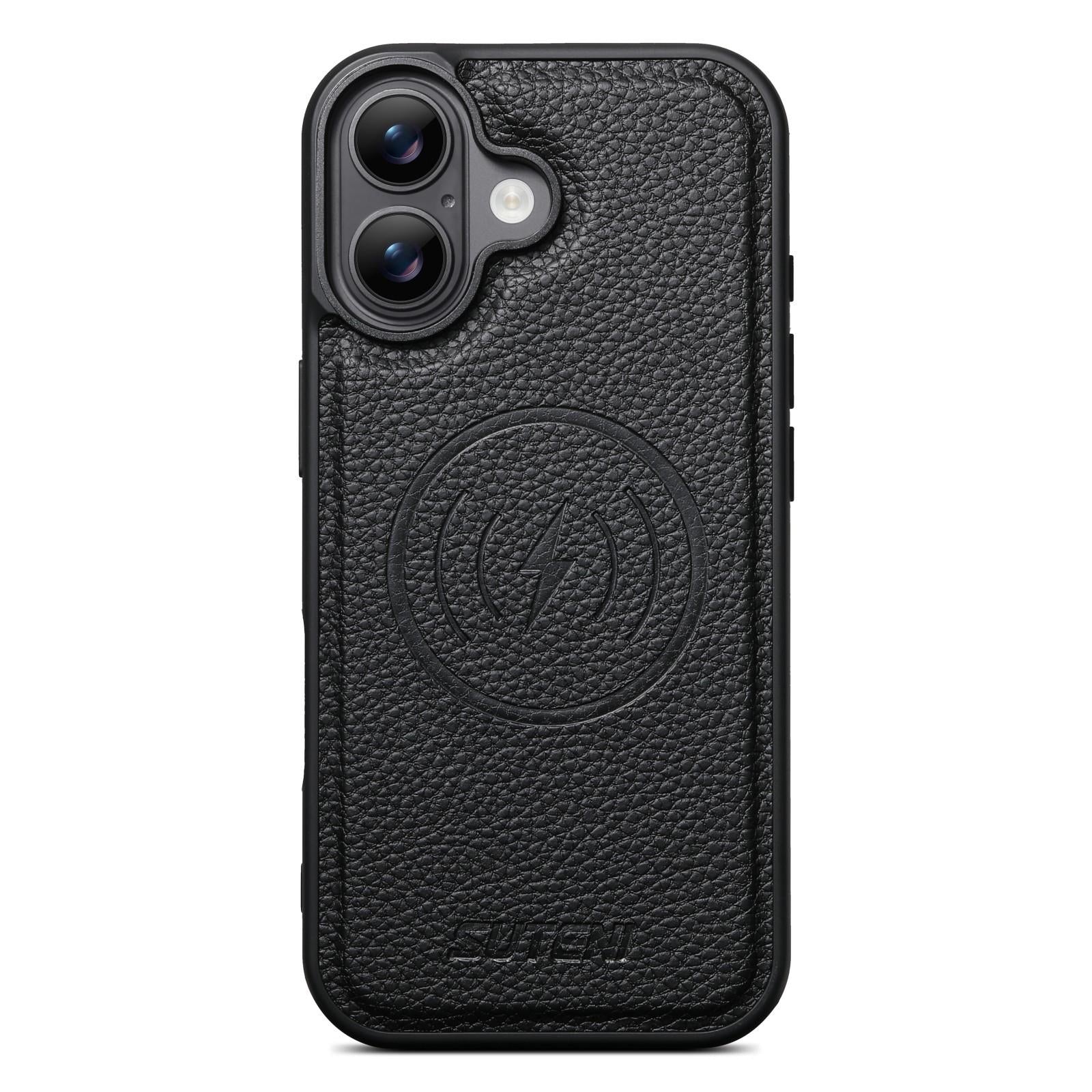 Compatible with iPhone 18 Suteni G5 Large Litchi Texture Vegan Leather Magnetic Back Phone Case - Black