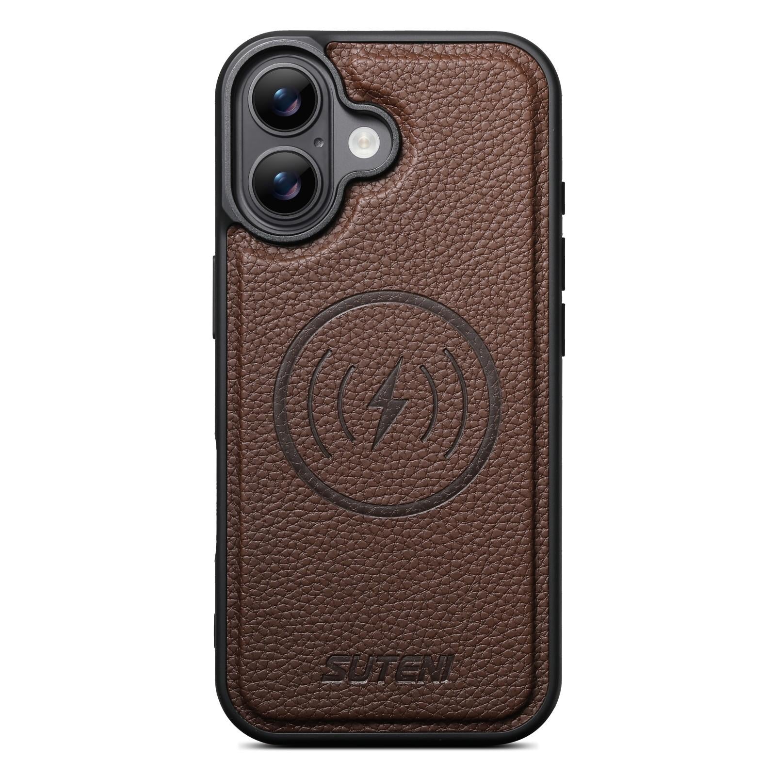 Compatible with iPhone 18 Suteni G5 Large Litchi Texture Vegan Leather Magnetic Back Phone Case - Brown