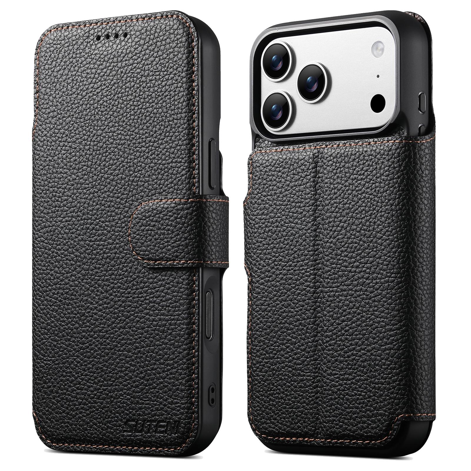 Compatible with iPhone 18 Pro Suteni Q05 -in-1 Multi-function MagSafe Wallet Big Litchi Leather Phone Case - Black