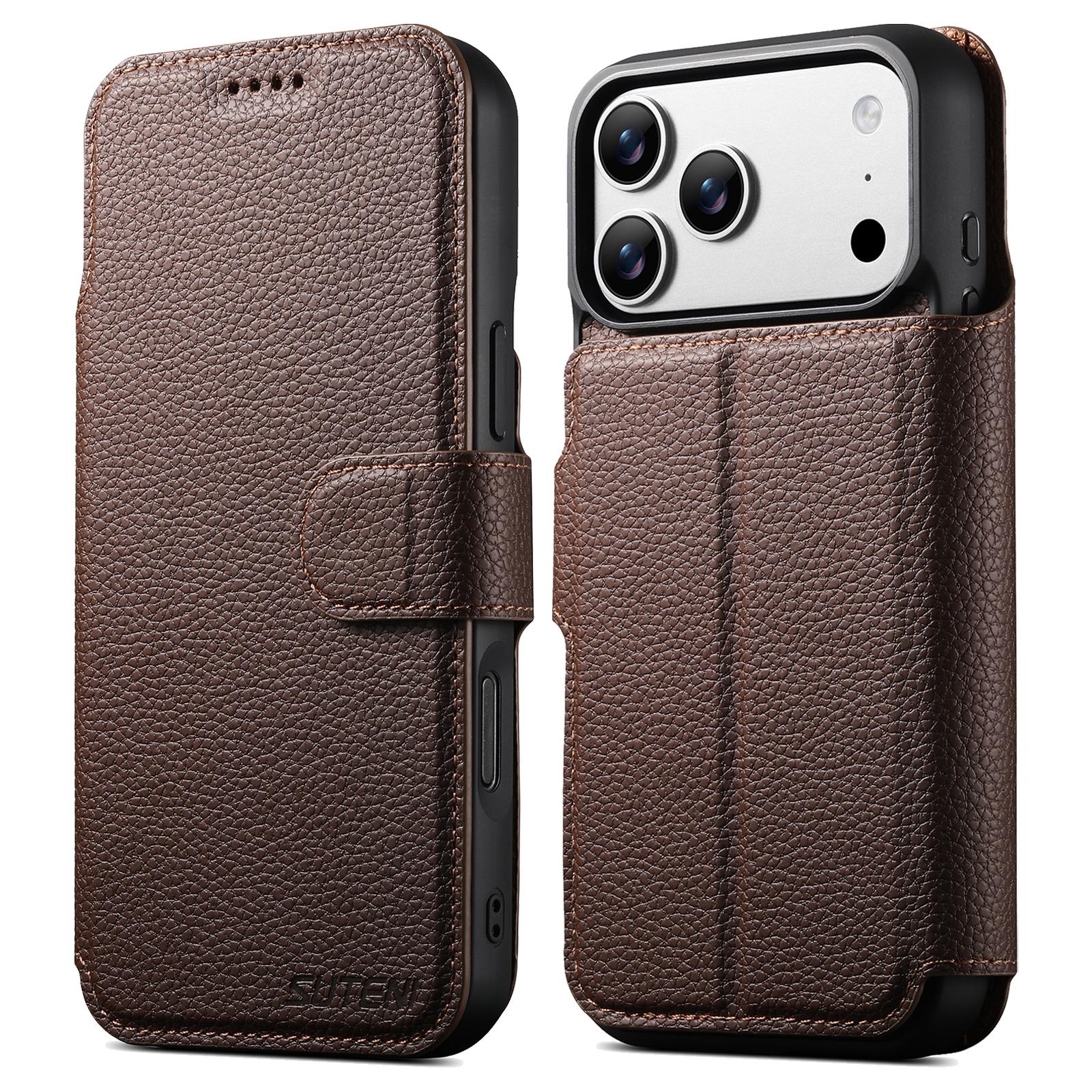 Compatible with iPhone 18 Pro Suteni Q05 -in-1 Multi-function MagSafe Wallet Big Litchi Leather Phone Case - Brown