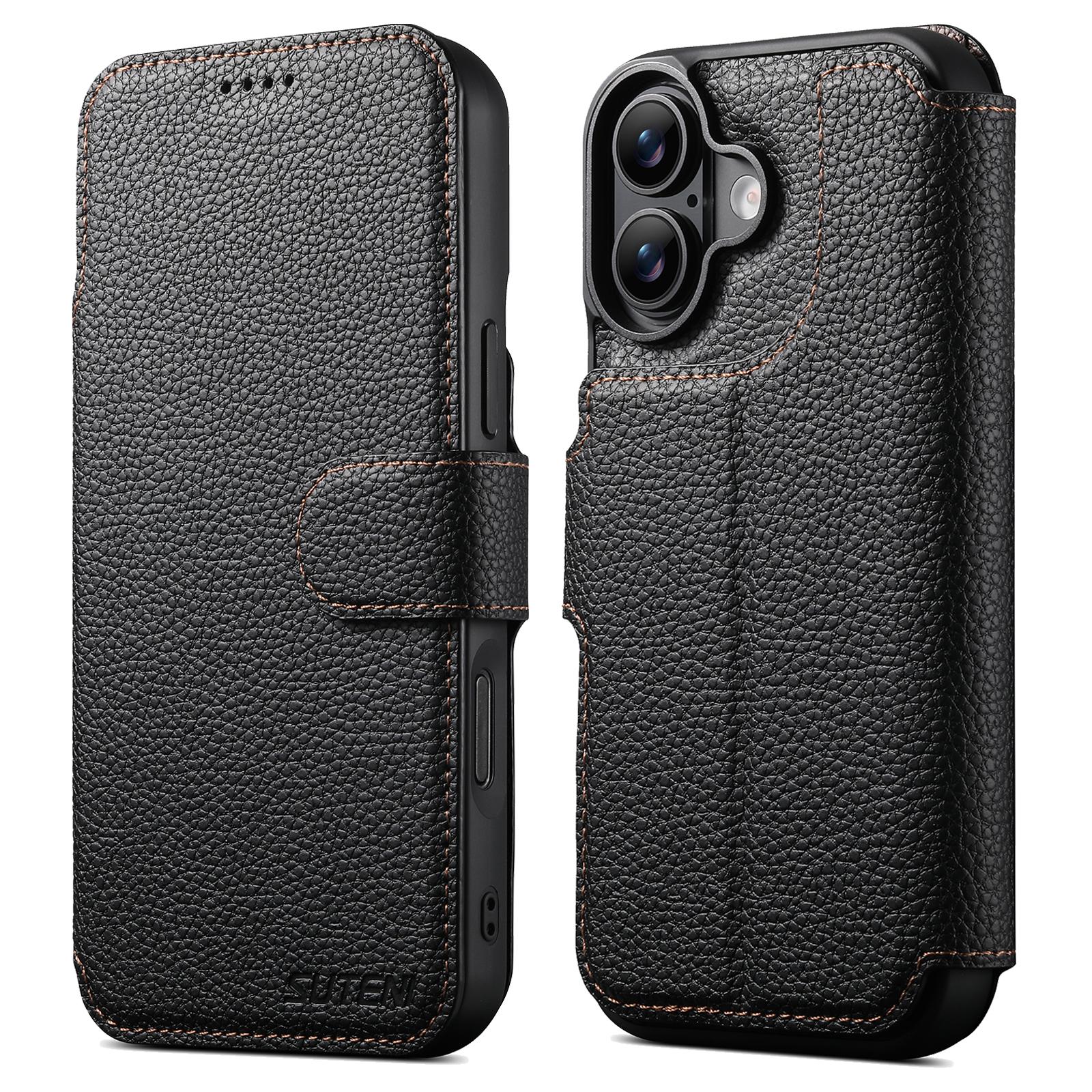 Compatible with iPhone 18 Suteni Q05 -in-1 Multi-function MagSafe Wallet Big Litchi Leather Phone Case - Black