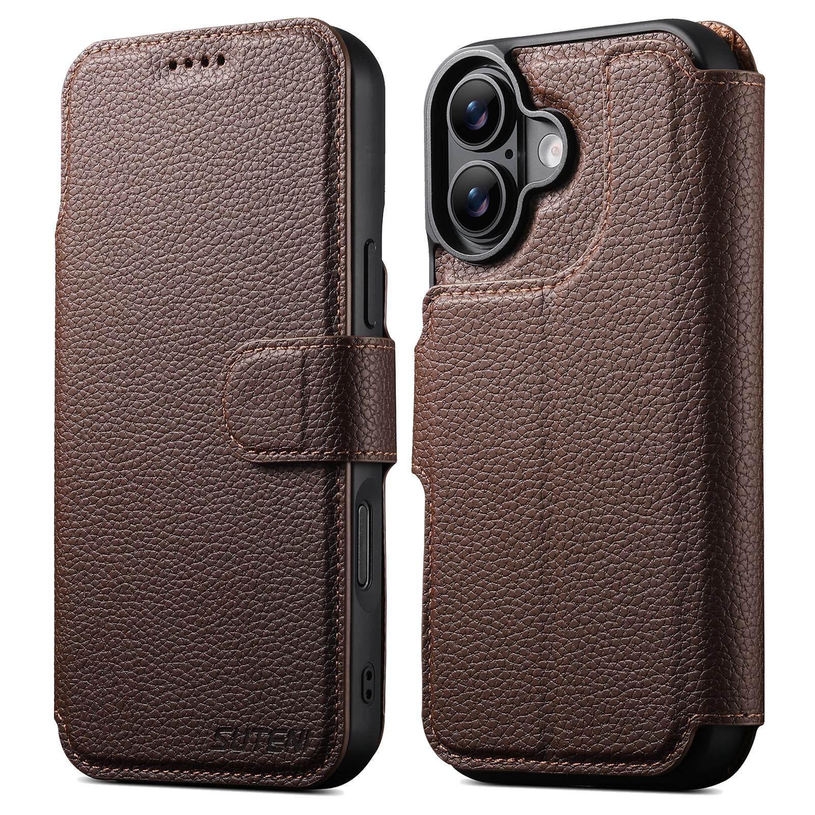 Compatible with iPhone 18 Suteni Q05 -in-1 Multi-function MagSafe Wallet Big Litchi Leather Phone Case - Brown