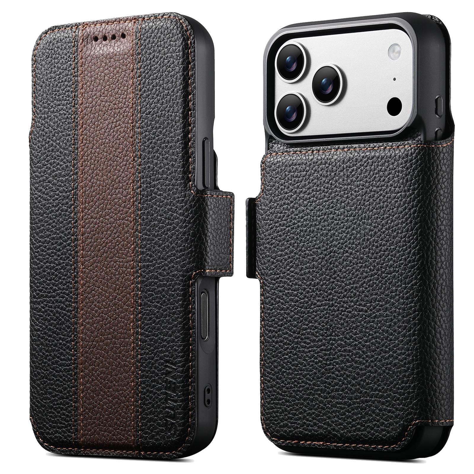 Compatible with iPhone 18 Pro Suteni Q08 2-in-1 Multi-function Magnetic Wallet Big Litchi Vegan Leather Phone Case - Brown