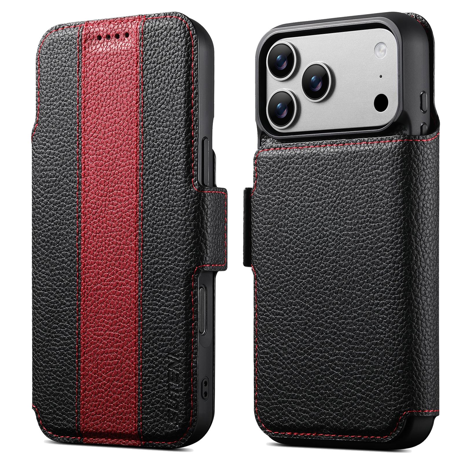 Compatible with iPhone 18 Pro Suteni Q08 2-in-1 Multi-function Magnetic Wallet Big Litchi Vegan Leather Phone Case - Red