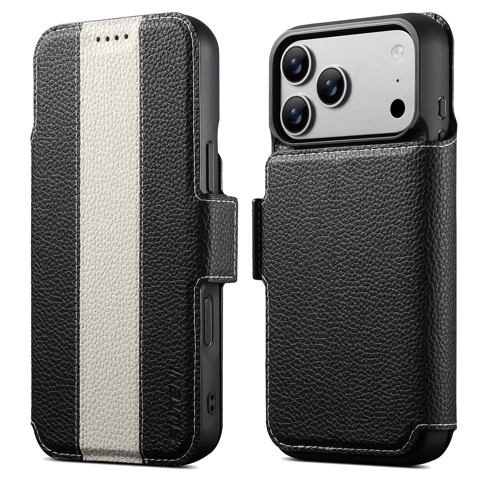 Compatible with iPhone 18 Pro Suteni Q08 2-in-1 Multi-function Magnetic Wallet Big Litchi Vegan Leather Phone Case - White