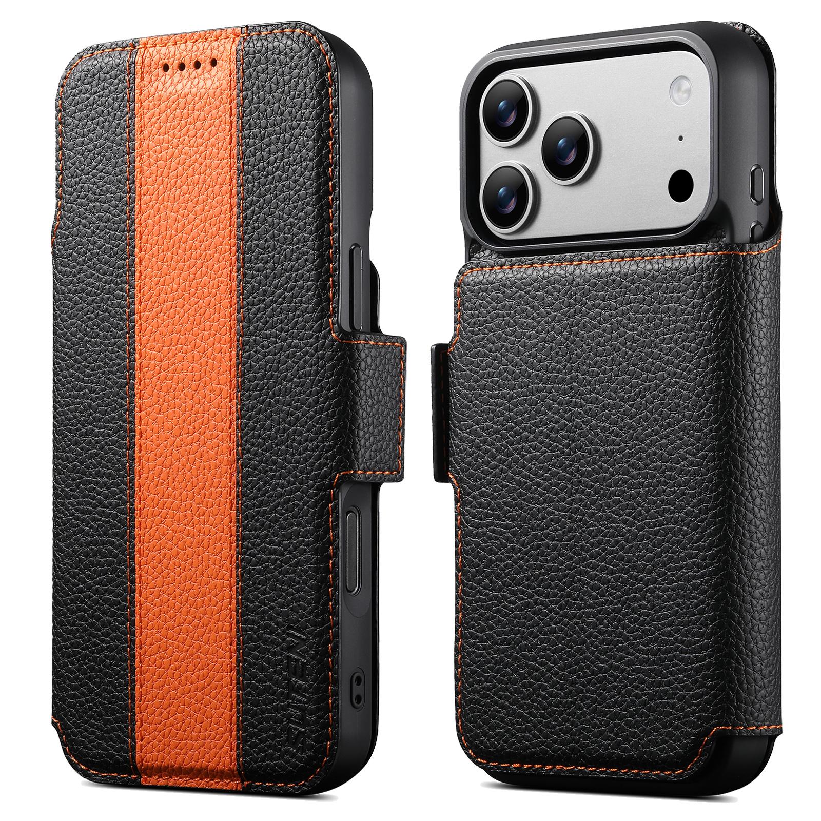 Compatible with iPhone 18 Pro Suteni Q08 2-in-1 Multi-function Magnetic Wallet Big Litchi Vegan Leather Phone Case - Orange