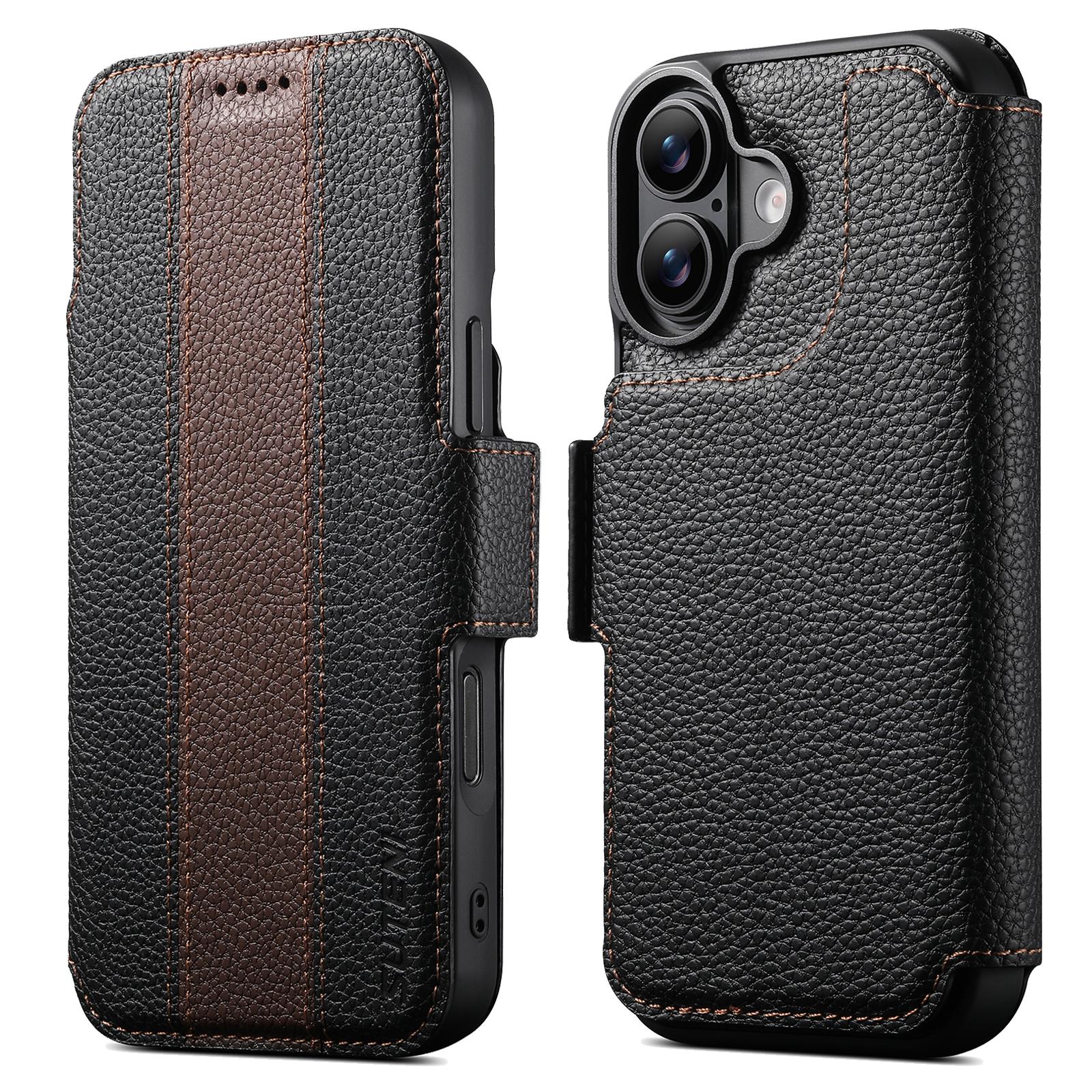 Compatible with iPhone 18 Suteni Q08 2-in-1 Multi-function Magnetic Wallet Big Litchi Vegan Leather Phone Case - Brown