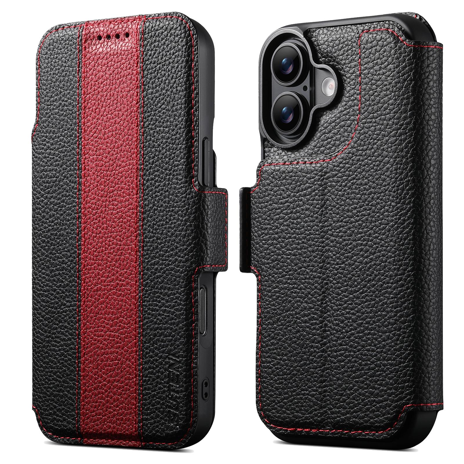 Compatible with iPhone 18 Suteni Q08 2-in-1 Multi-function Magnetic Wallet Big Litchi Vegan Leather Phone Case - Red