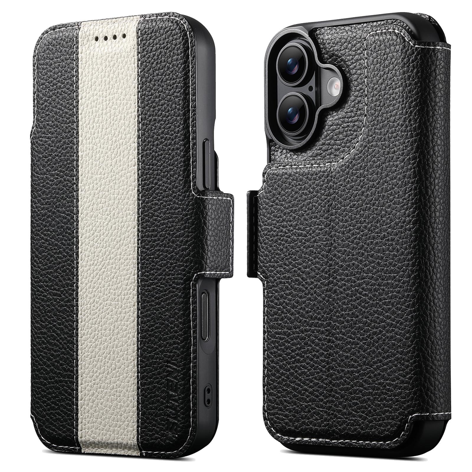 Compatible with iPhone 18 Suteni Q08 2-in-1 Multi-function Magnetic Wallet Big Litchi Vegan Leather Phone Case - White